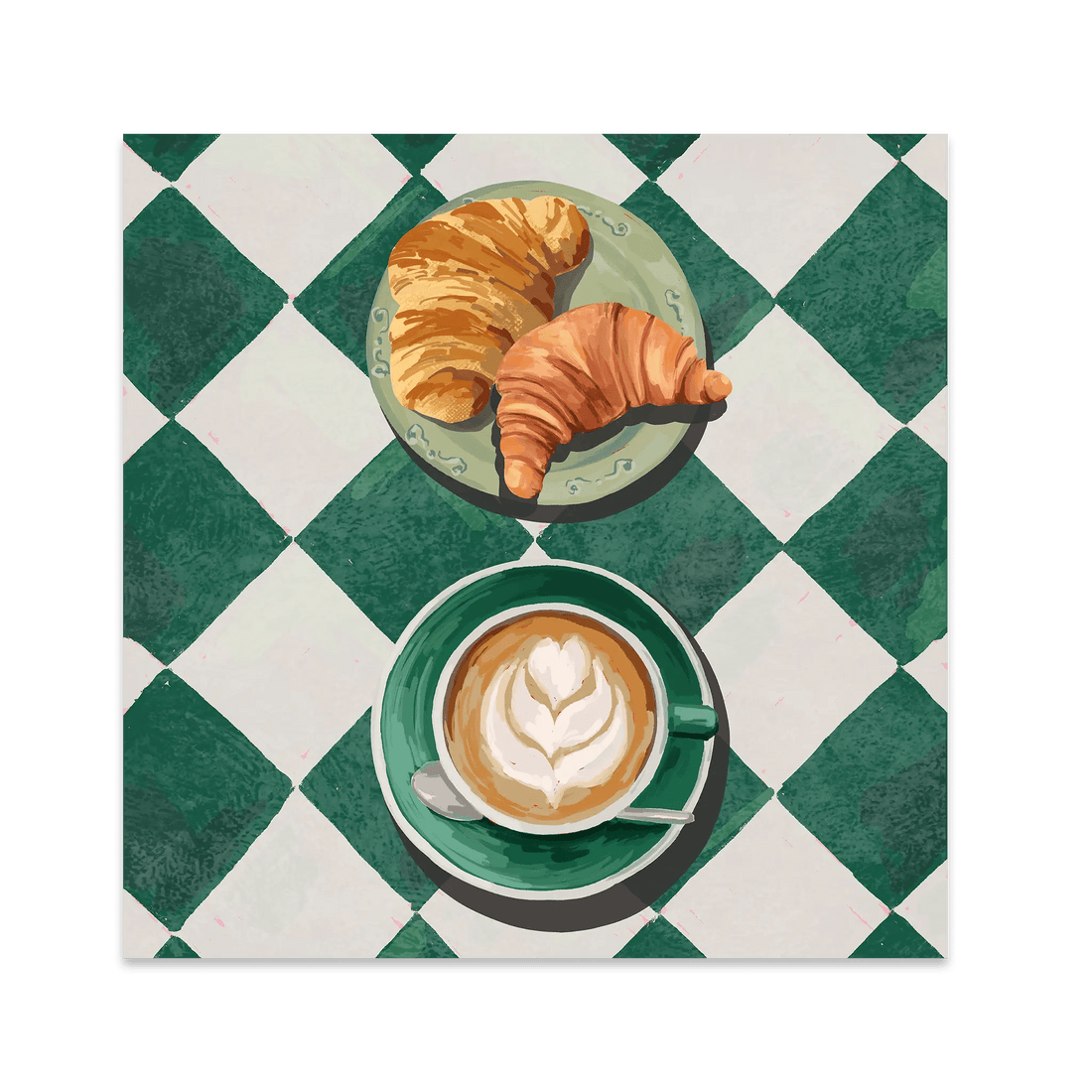 Croissant & Latte Poster | Classic Kitchen Wall Art | Green Tile Square Breakfast Print - Evergreen Posters - 1