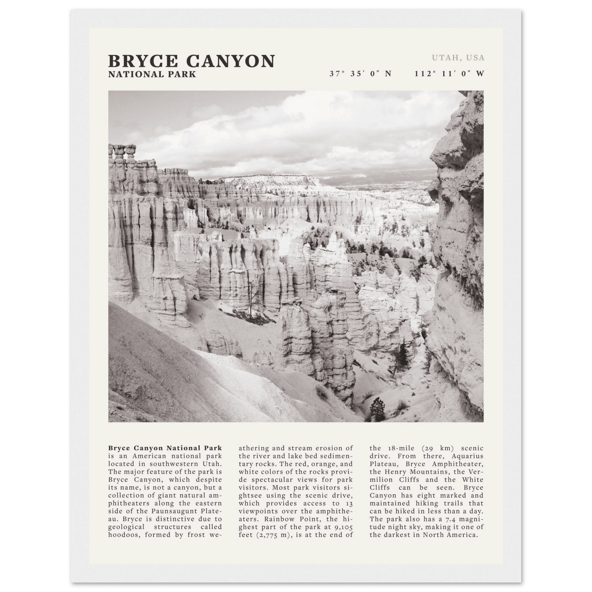 Bryce Canyon National Park Poster | Black & White Utah Hoodoos Wall Art Print - Evergreen Posters - 20