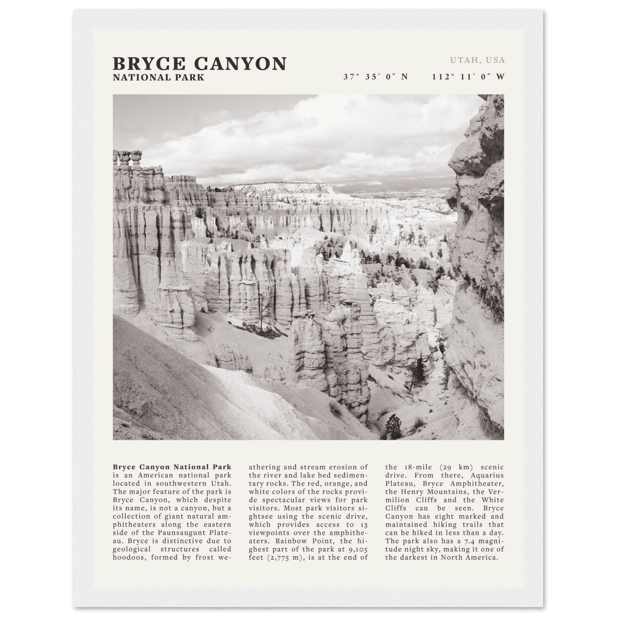 Bryce Canyon National Park Poster | Black & White Utah Hoodoos Wall Art Print - Evergreen Posters - 20