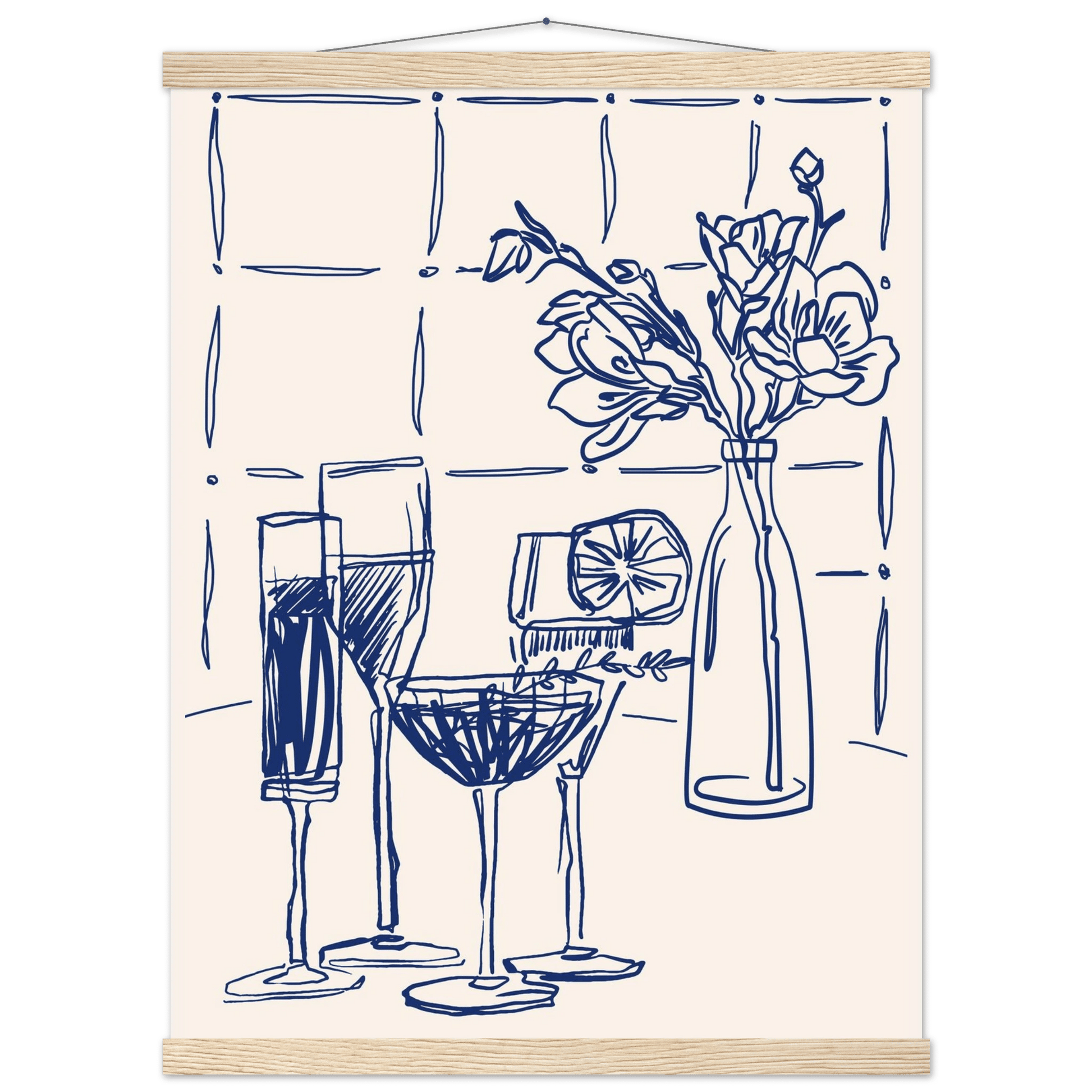 Cocktails & Flowers Print | Navy Blue Line Art Drinks Wall Art | Kitchen Bar Poster - Evergreen Posters