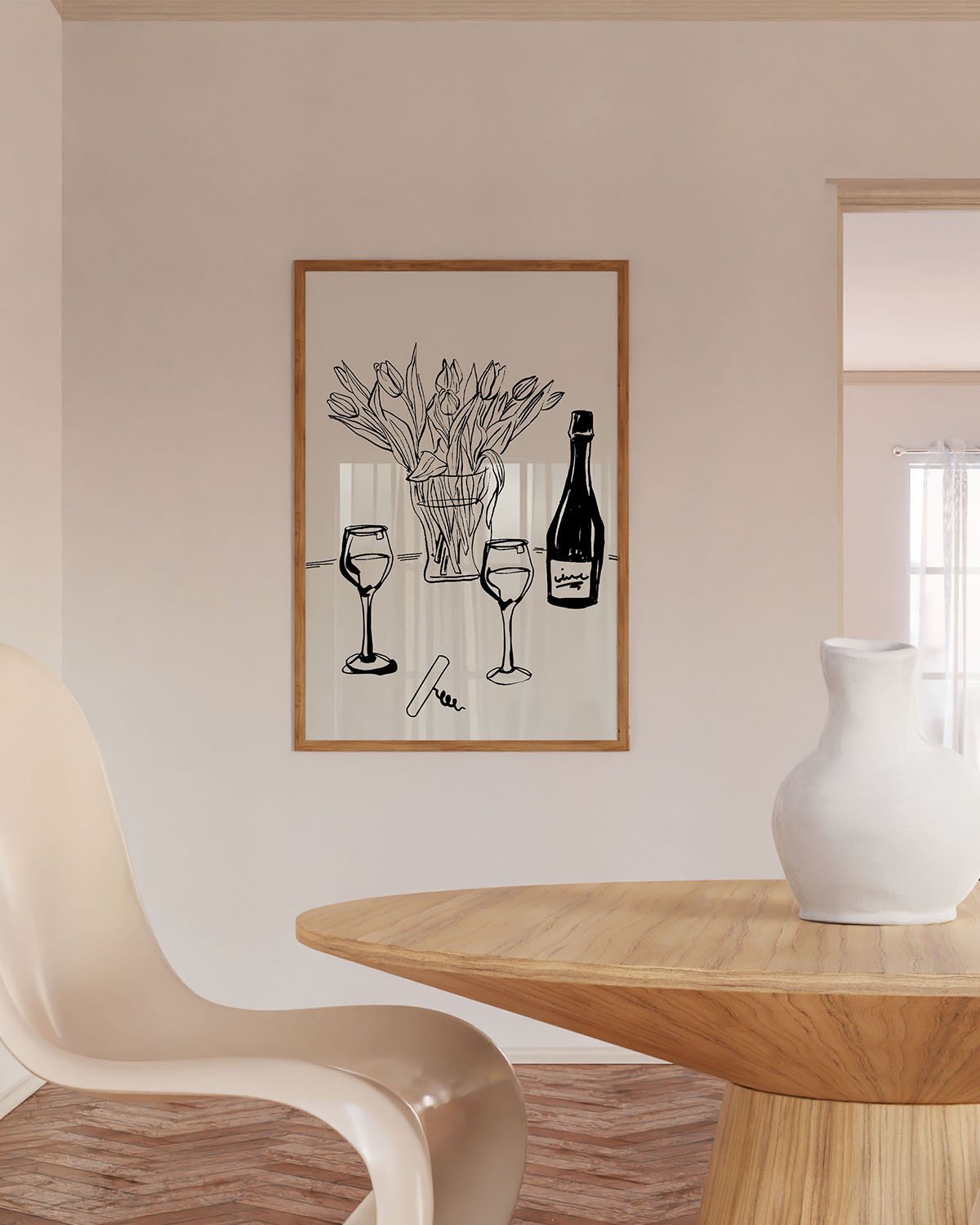 Wine & Tulips Print | Black Line Art Wine Bottle Wall Art | Minimalist Kitchen Poster - Evergreen Posters