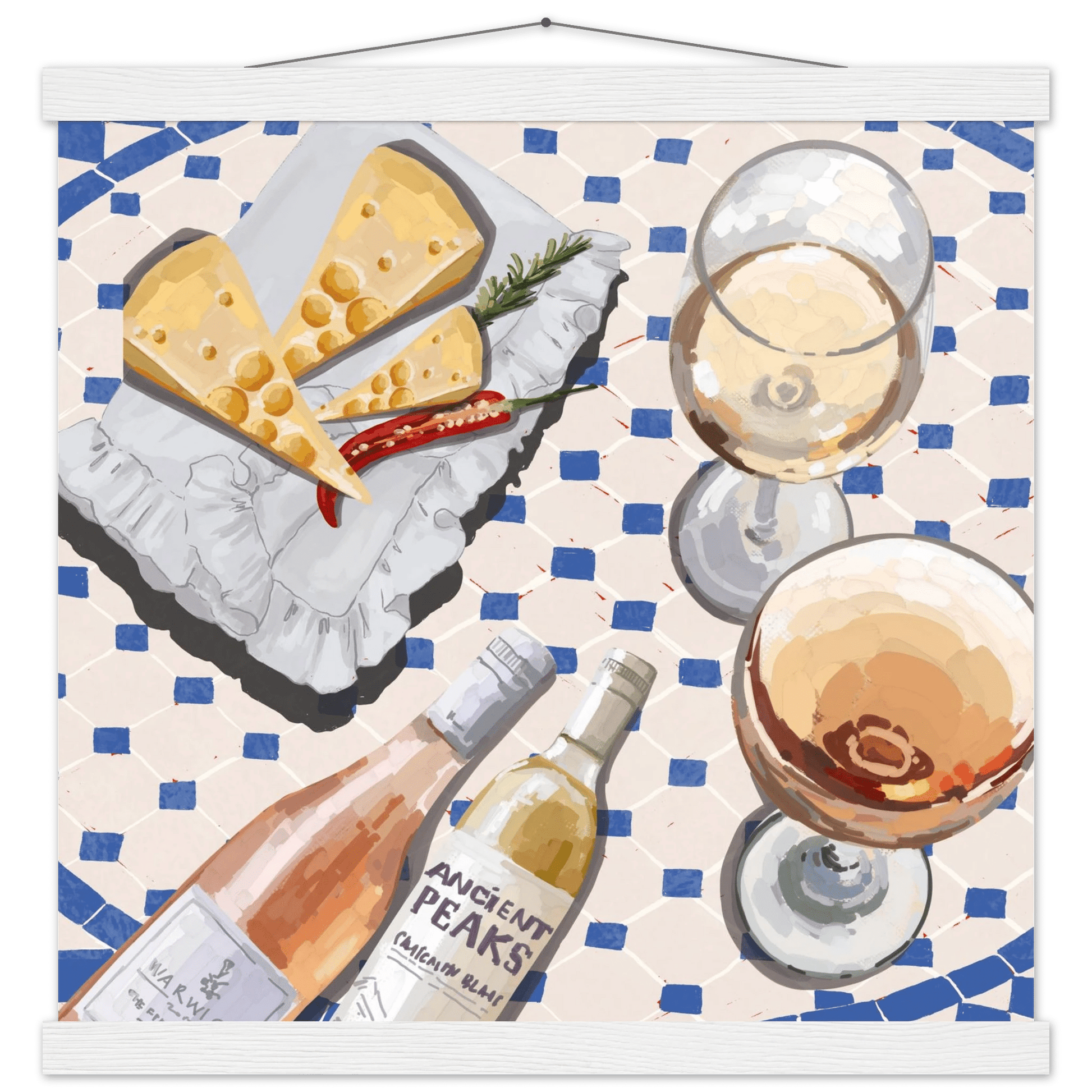 Wine & Cheese Poster | Food Wall Art | Blue Tile Square Kitchen Print - Evergreen Posters - 35
