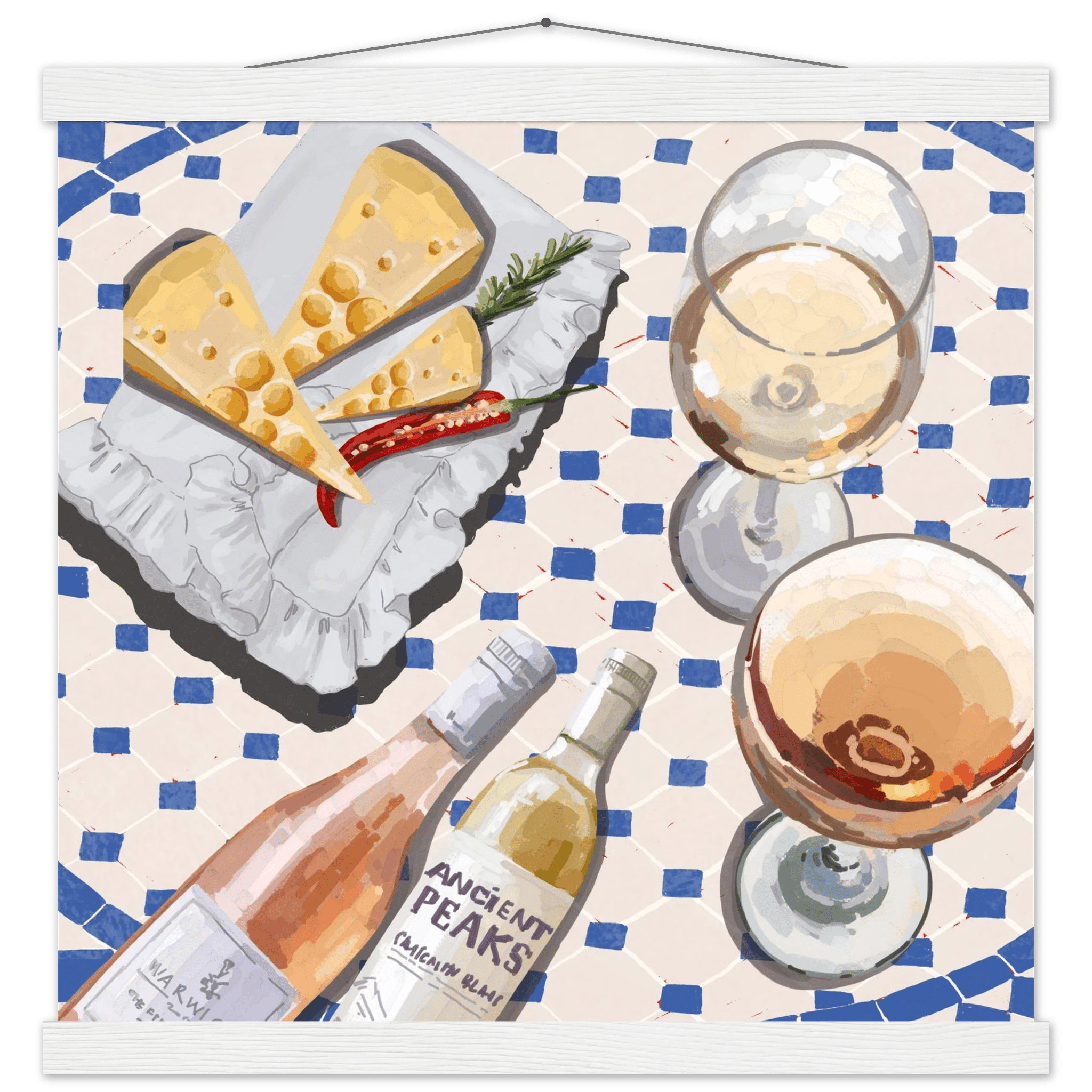 Wine & Cheese Poster | Food Wall Art | Blue Tile Square Kitchen Print - Evergreen Posters - 35