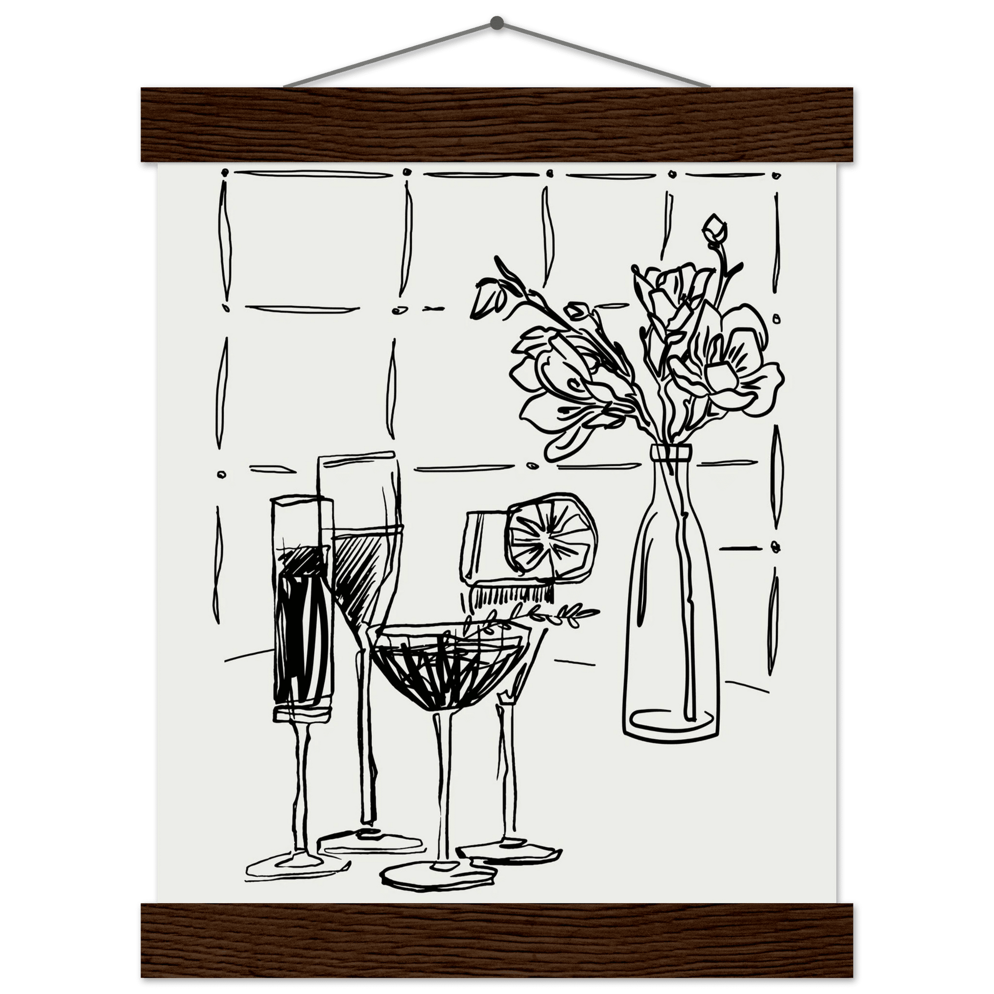 Cocktails & Flowers Print | Black Line Art Drinks Wall Art | Kitchen Bar Poster - Evergreen Posters