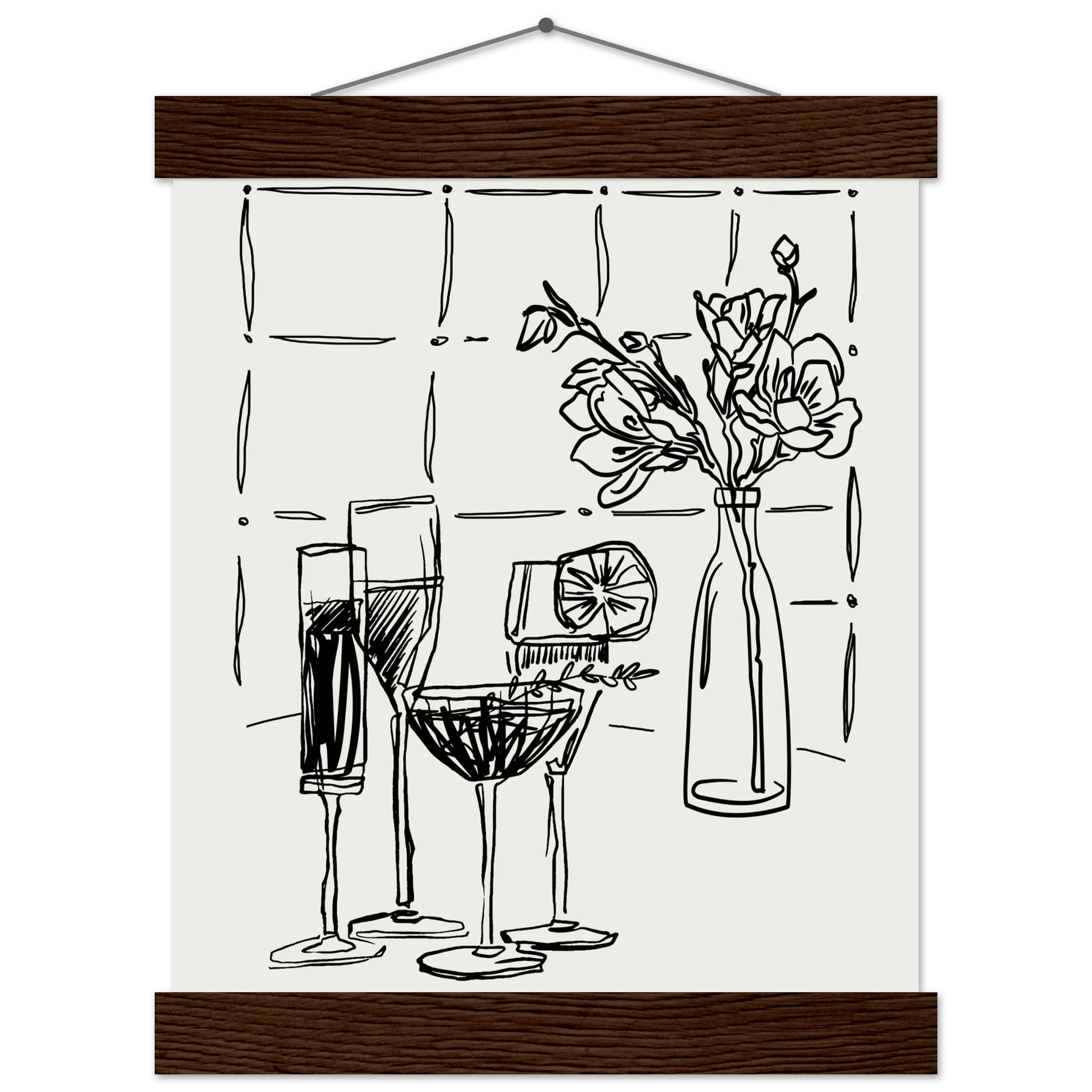 Cocktails & Flowers Print | Black Line Art Drinks Wall Art | Kitchen Bar Poster - Evergreen Posters