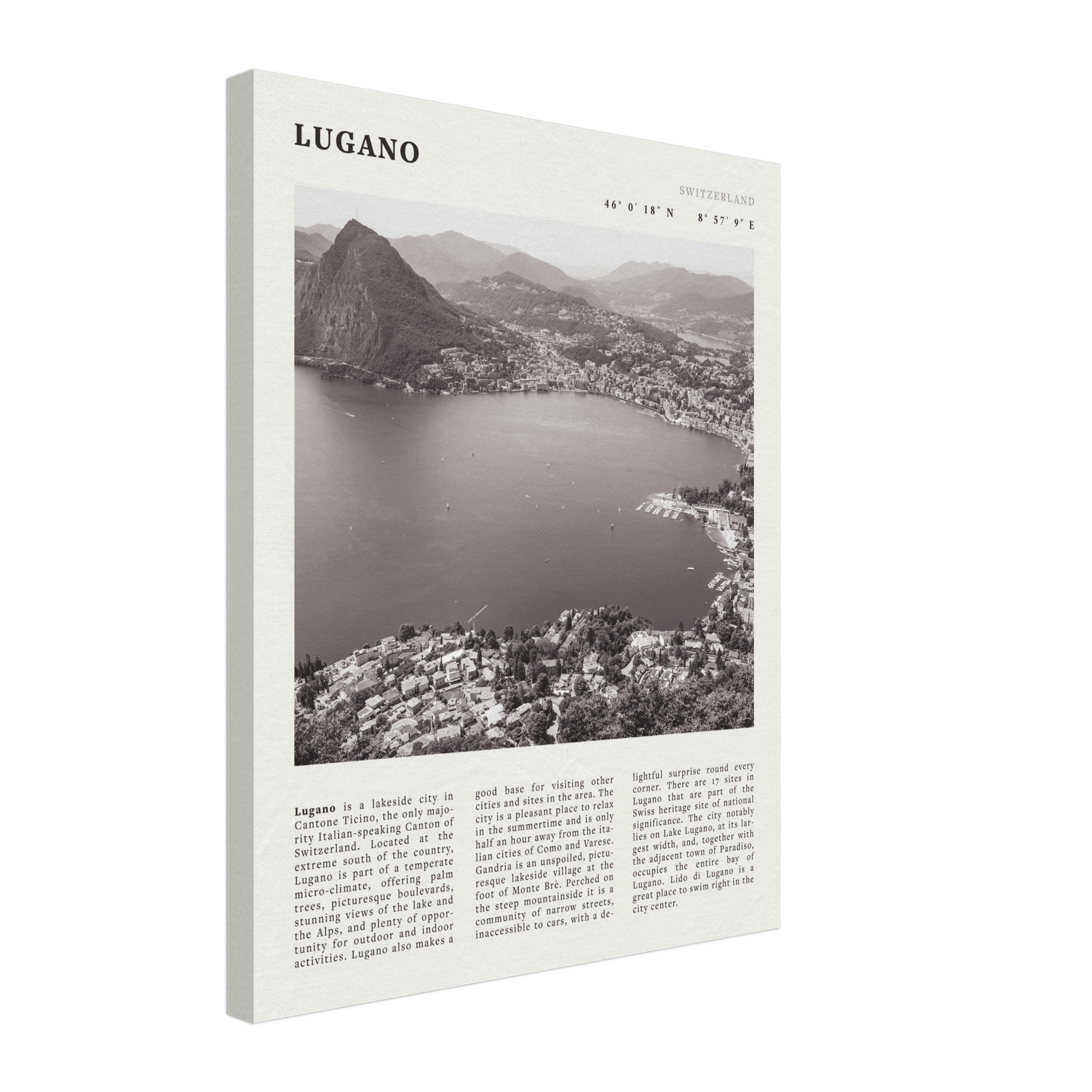 Lugano Poster | Black & White Swiss Lake Wall Art | Switzerland Travel Print - Evergreen Posters