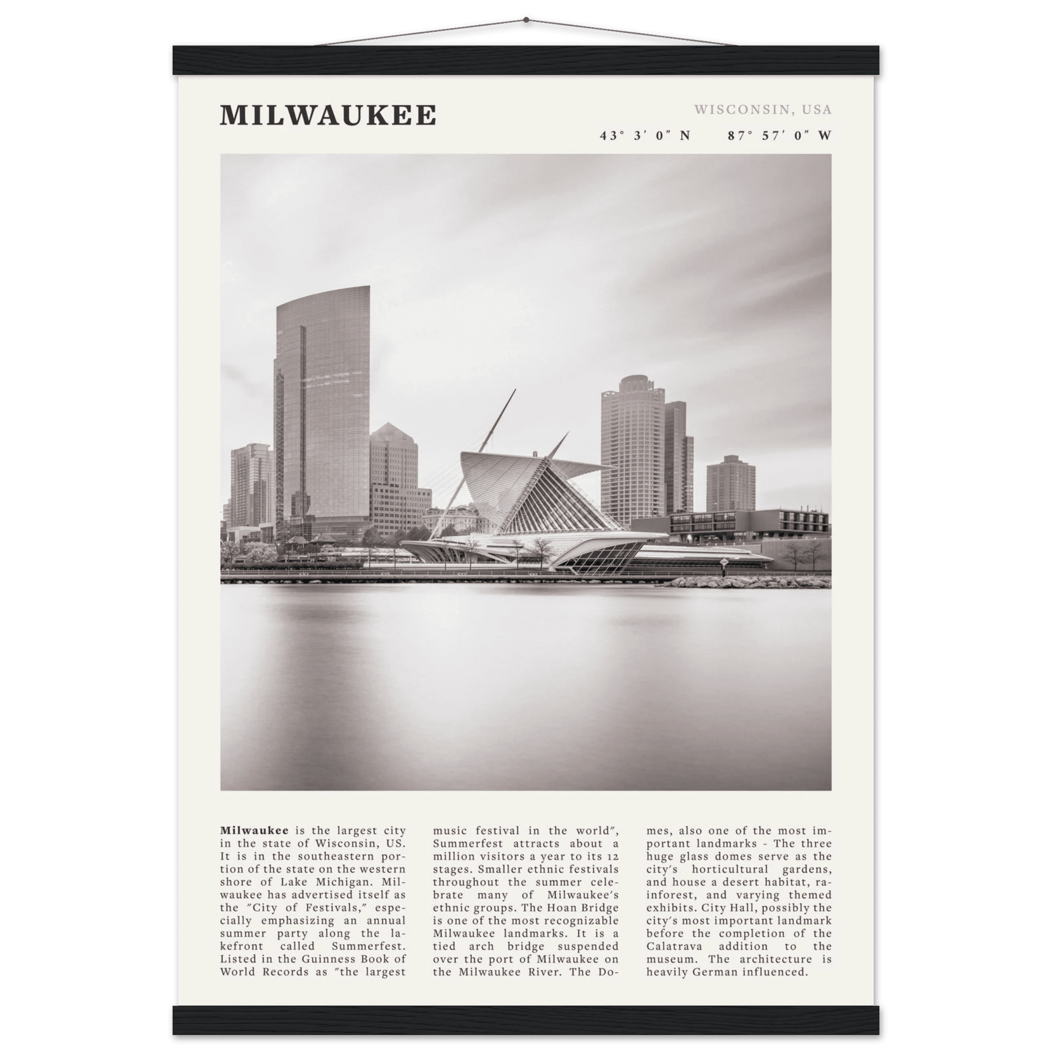 Milwaukee Poster | Black & White Wisconsin City Wall Art | USA Travel Print - Evergreen Posters