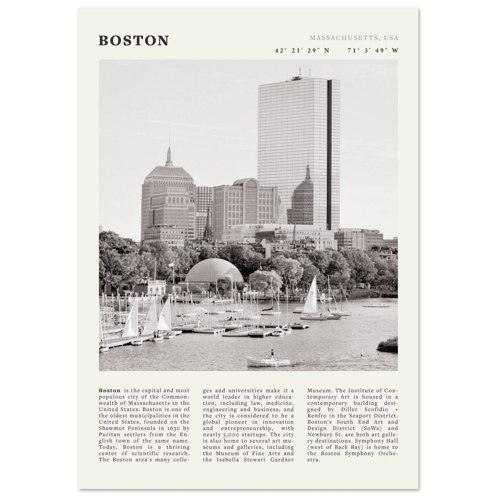 Boston Poster | Black & White Charles River Skyline Wall Art | Massachusetts Print - Evergreen Posters