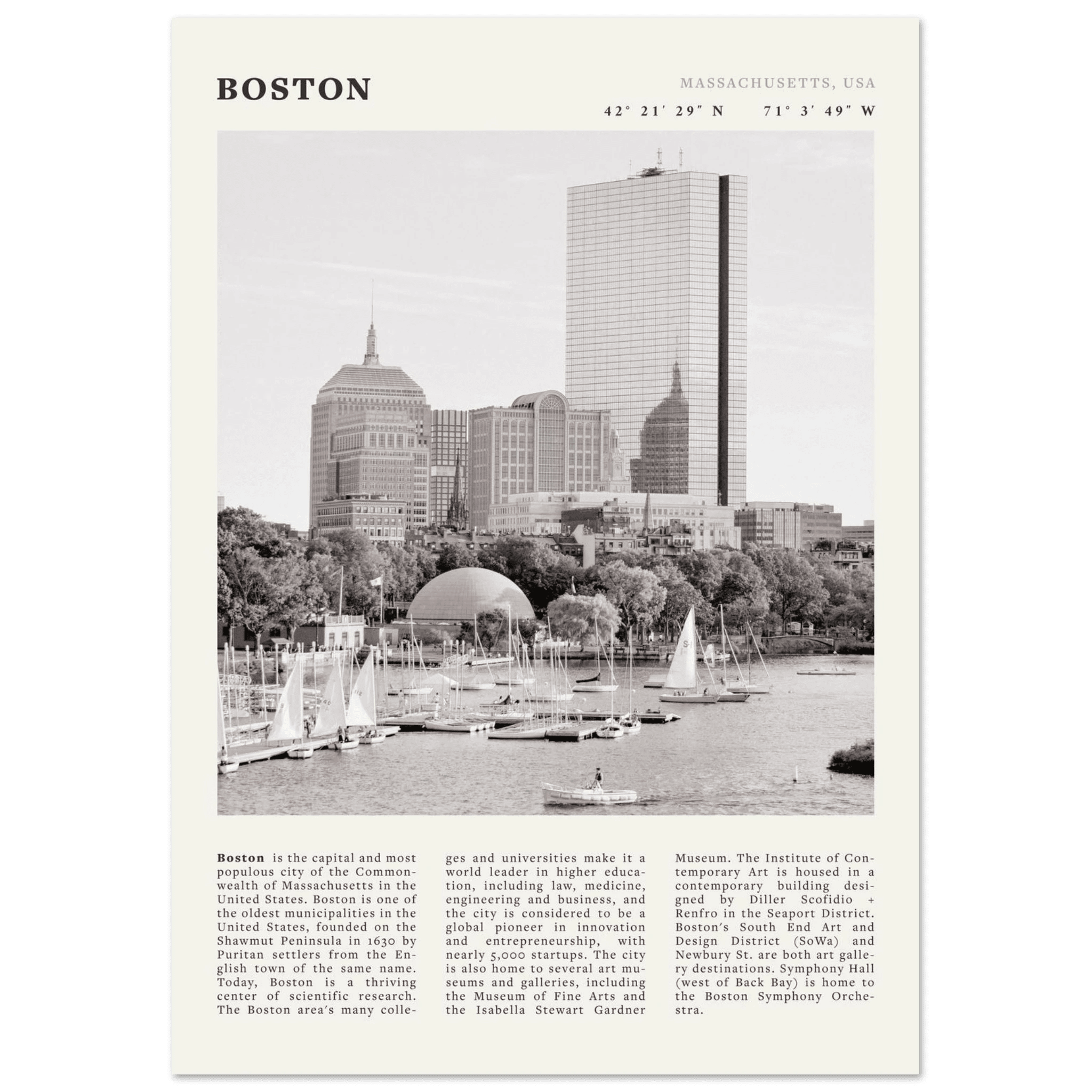 Boston Poster | Black & White Charles River Skyline Wall Art | Massachusetts Print - Evergreen Posters