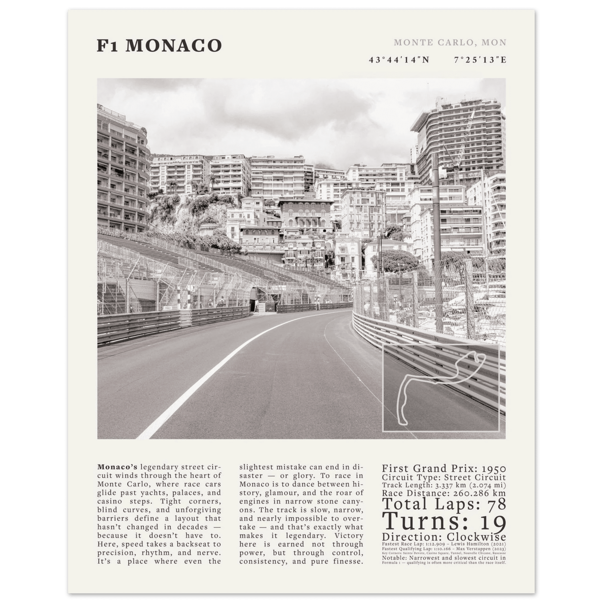 F1 Monaco Poster Black and White – Vintage Monte Carlo Street Circuit Print (Digital & Printed Options) - Evergreen Posters