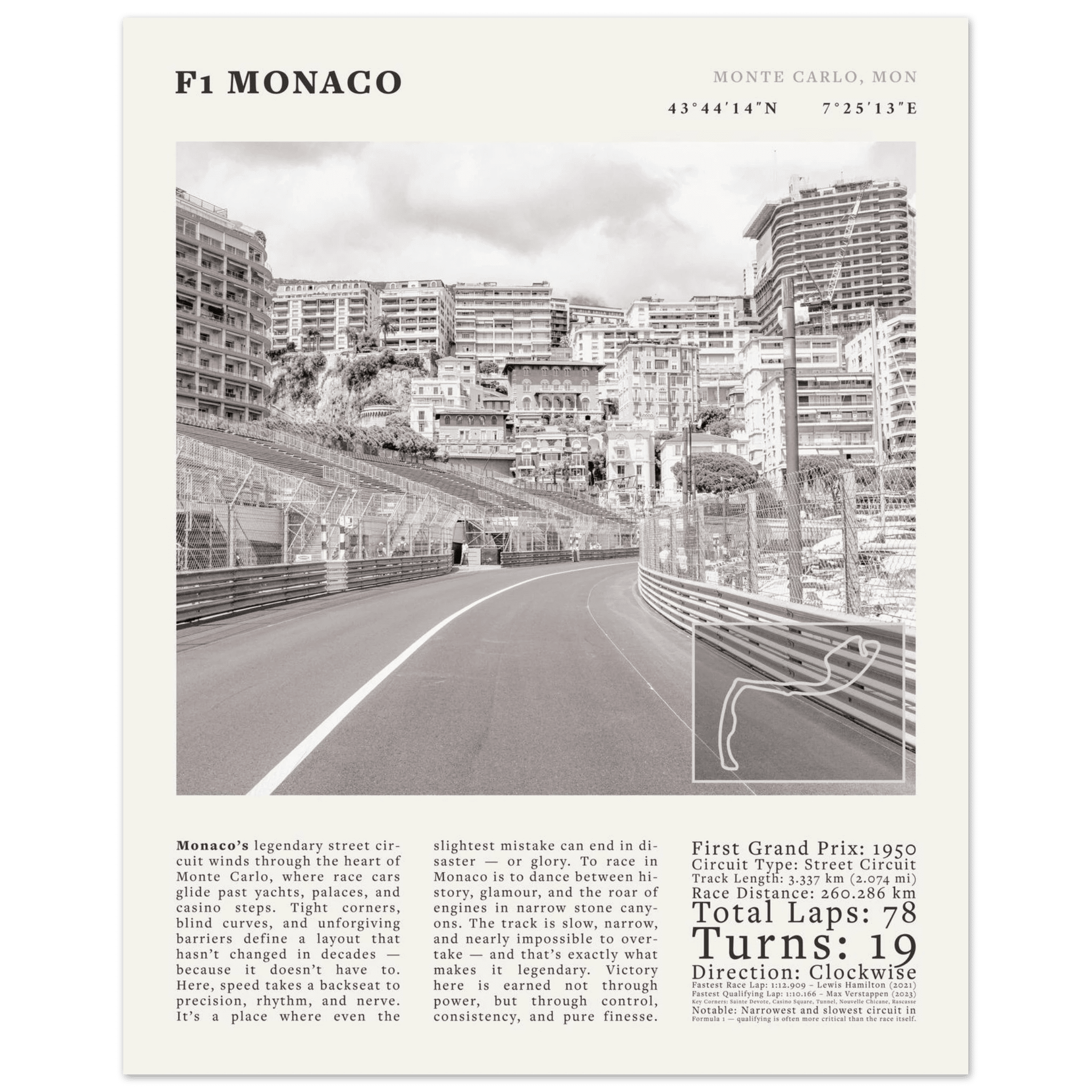 F1 Monaco Poster Black and White – Vintage Monte Carlo Street Circuit Print (Digital & Printed Options) - Evergreen Posters