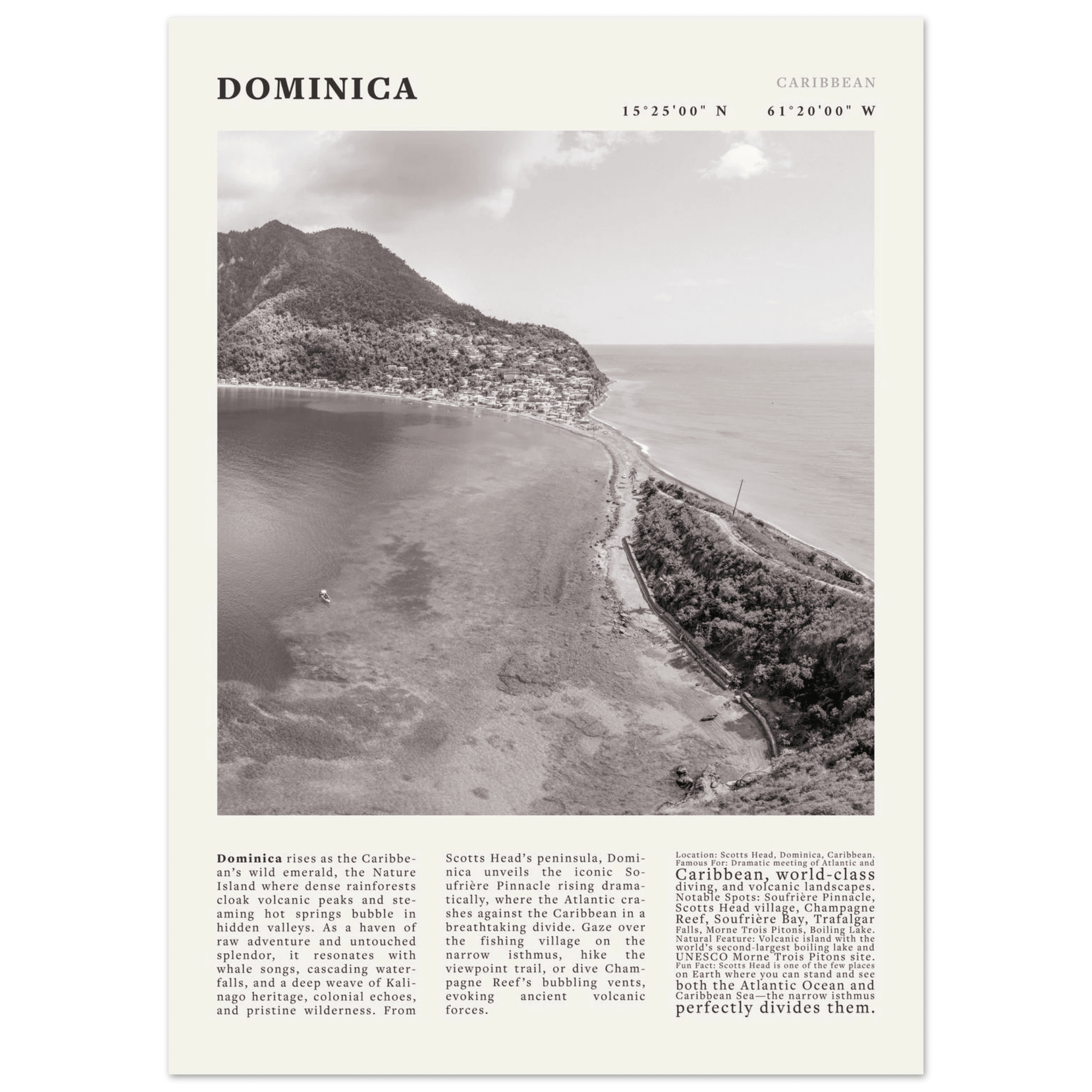 Dominica Poster Black and White – Vintage Caribbean Rainforest Island Print (Digital & Printed Options) - Evergreen Posters