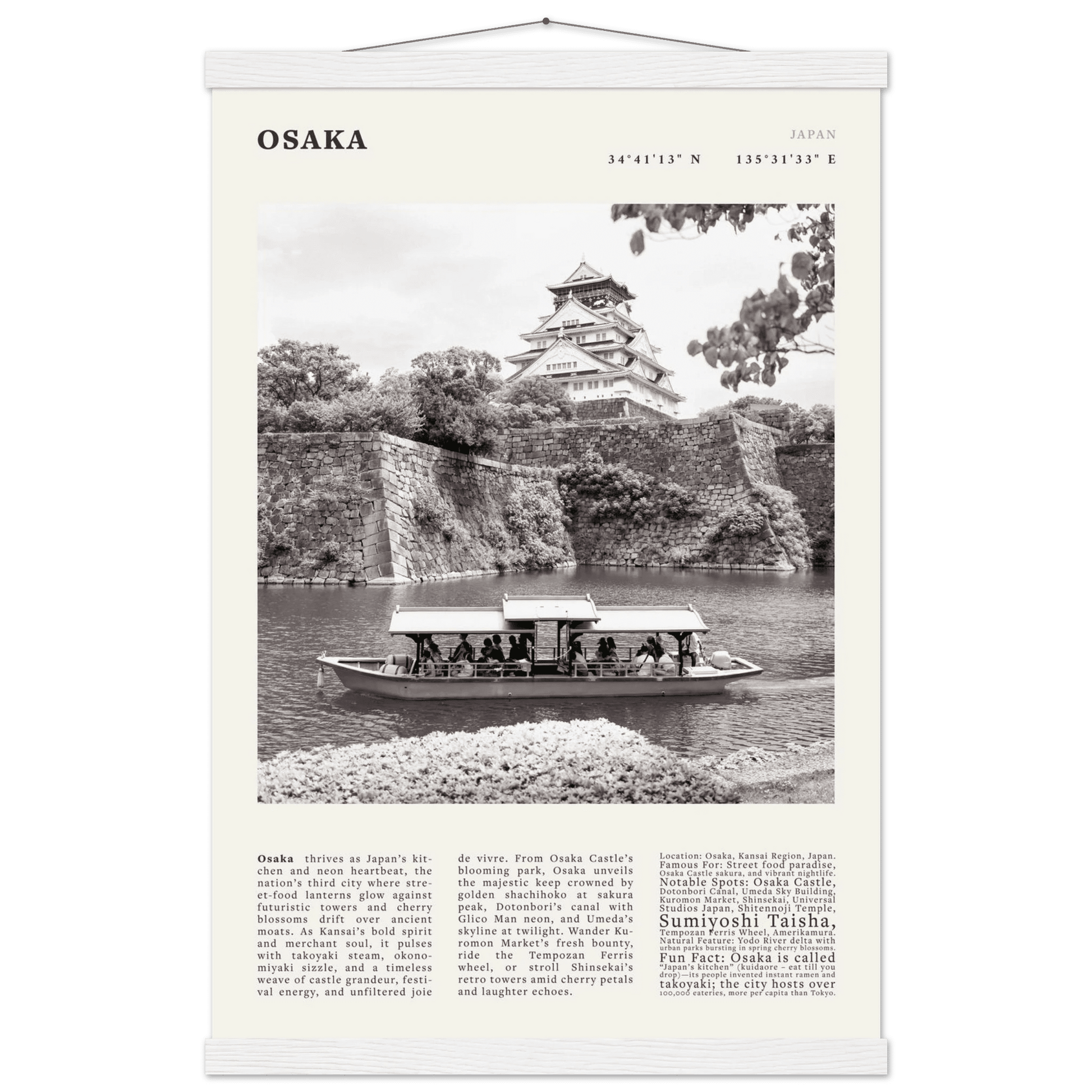 Osaka Poster Black and White – Vintage Osaka Castle Cherry Blossom Print (Digital & Printed Options) - Evergreen Posters