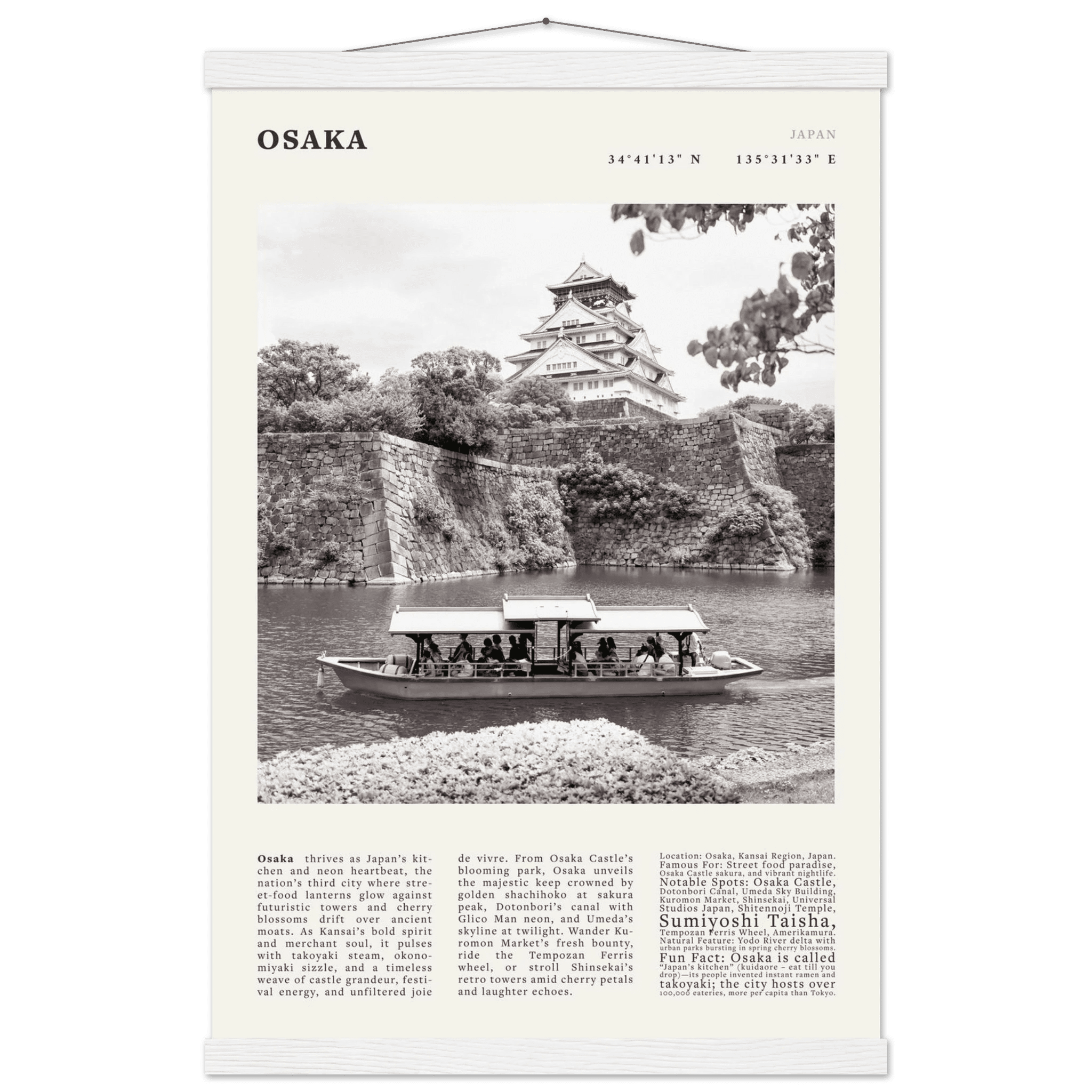 Osaka Poster Black and White – Vintage Osaka Castle Cherry Blossom Print (Digital & Printed Options) - Evergreen Posters