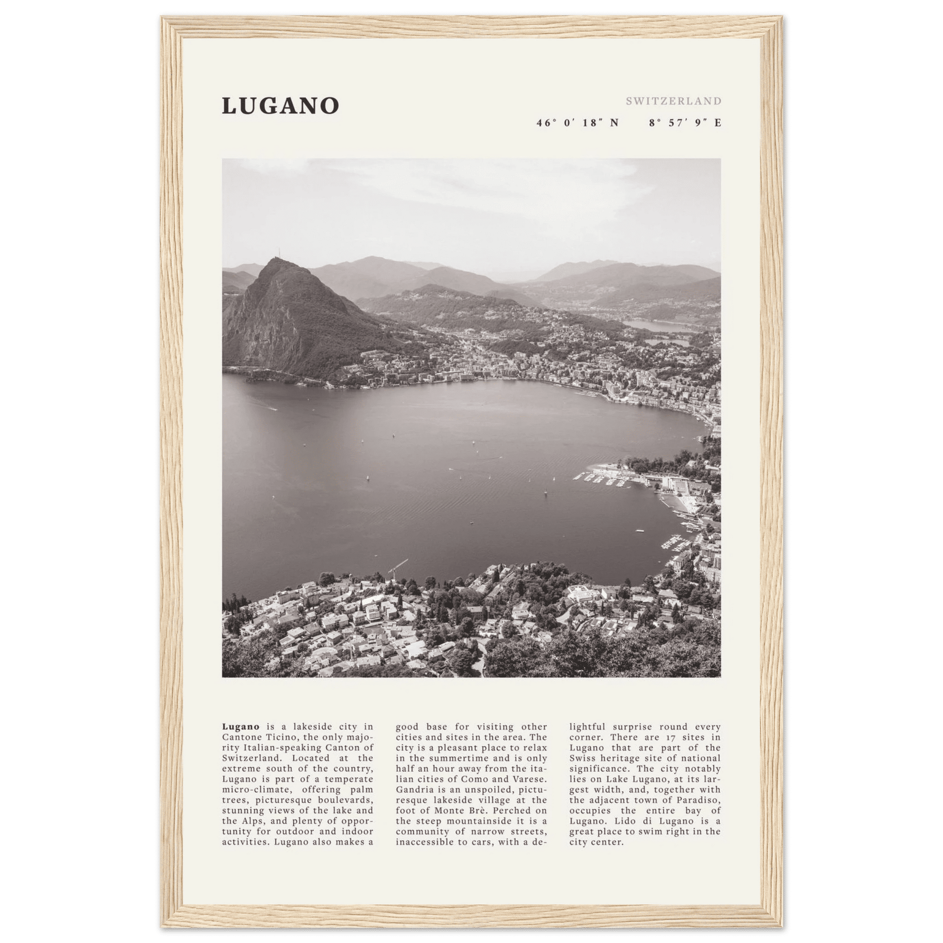 Lugano Poster | Black & White Swiss Lake Wall Art | Switzerland Travel Print - Evergreen Posters
