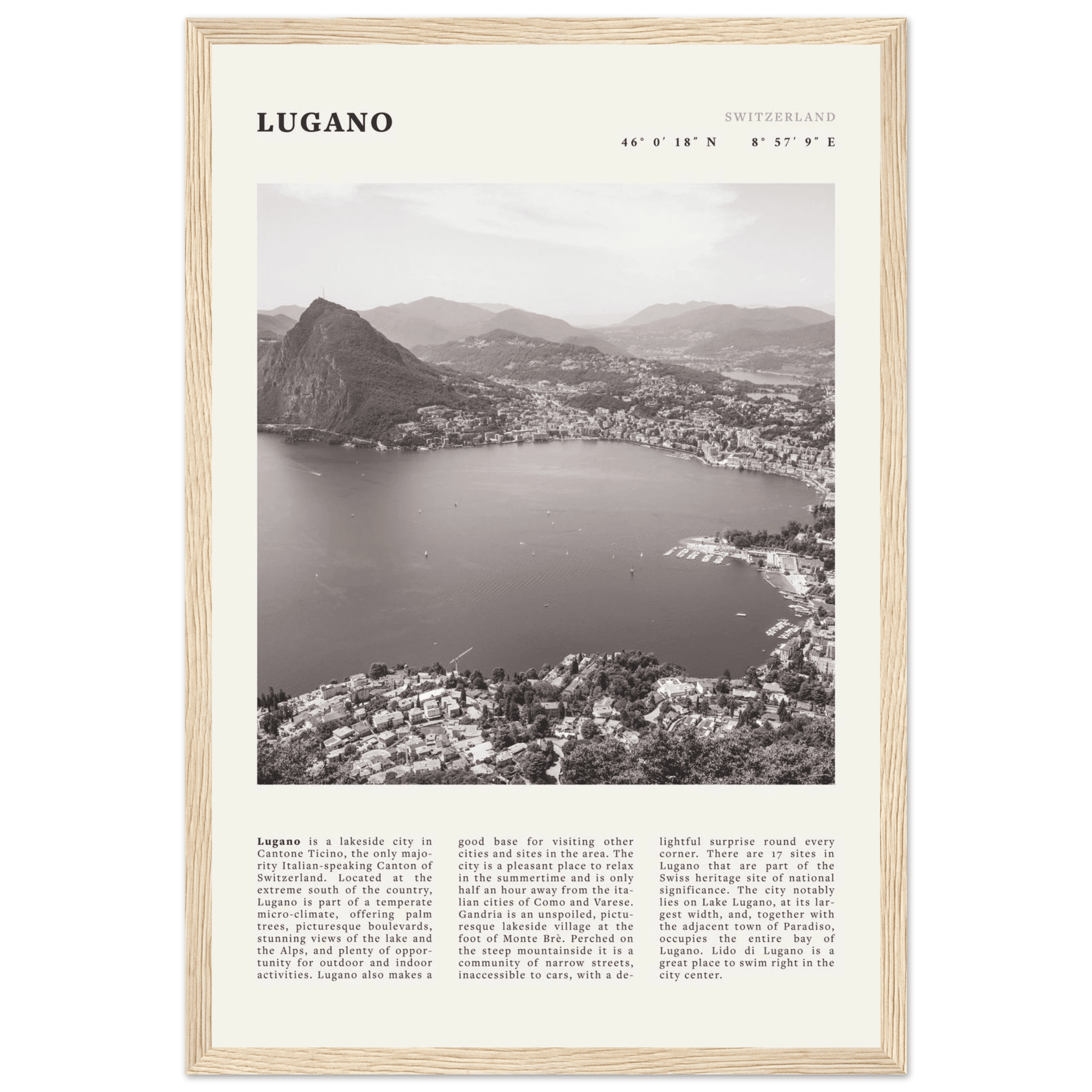Lugano Poster | Black & White Swiss Lake Wall Art | Switzerland Travel Print - Evergreen Posters