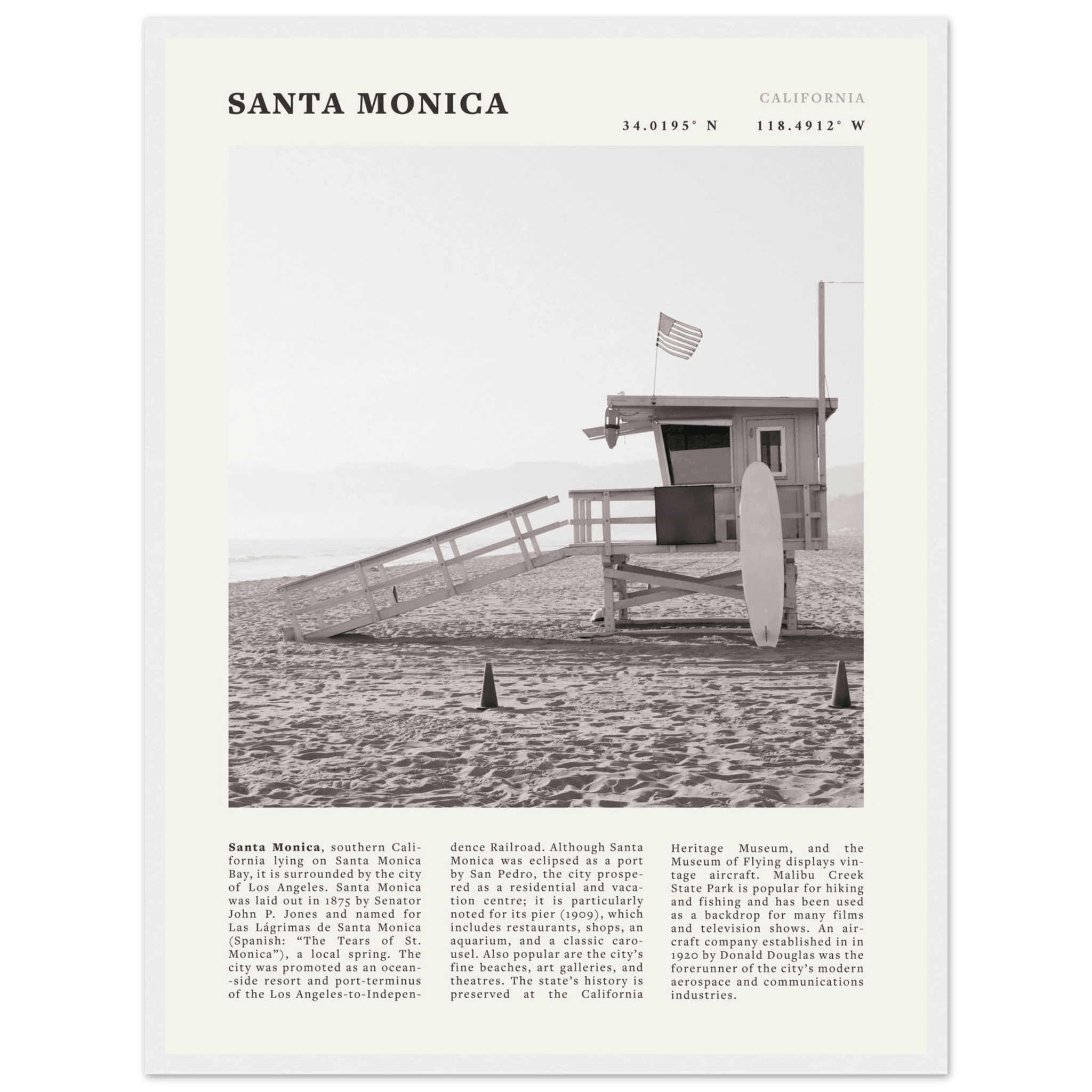 Santa Monica Poster | Black & White California Wall Art | Beach Travel Print | Coastal Decor - Evergreen Posters