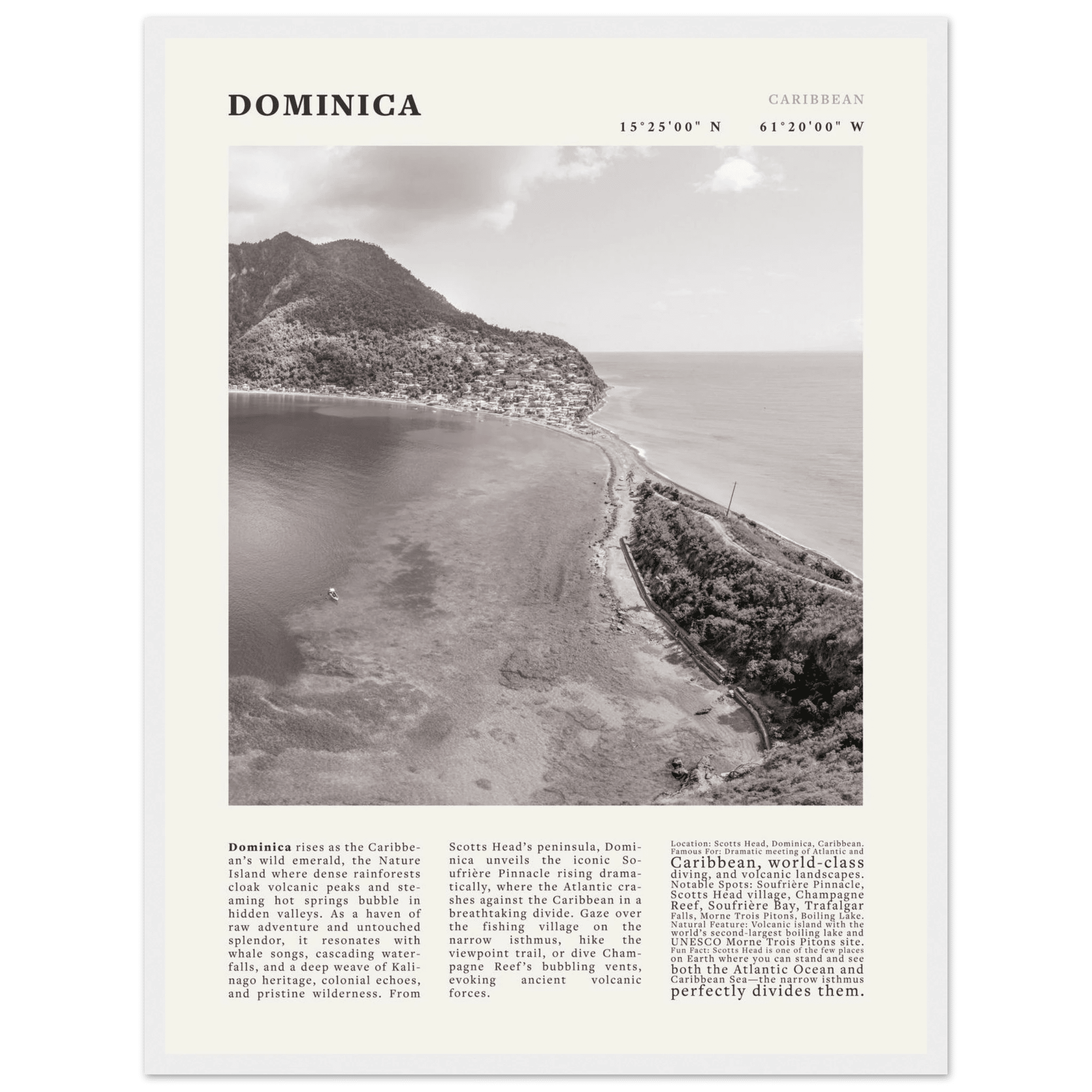 Dominica Poster Black and White – Vintage Caribbean Rainforest Island Print (Digital & Printed Options) - Evergreen Posters