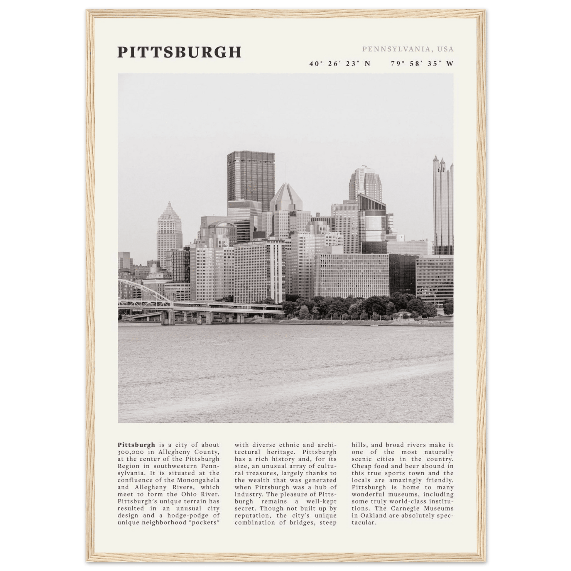 Pittsburgh Poster | Black & White Pennsylvania Skyline Wall Art | PA Travel Print - Evergreen Posters
