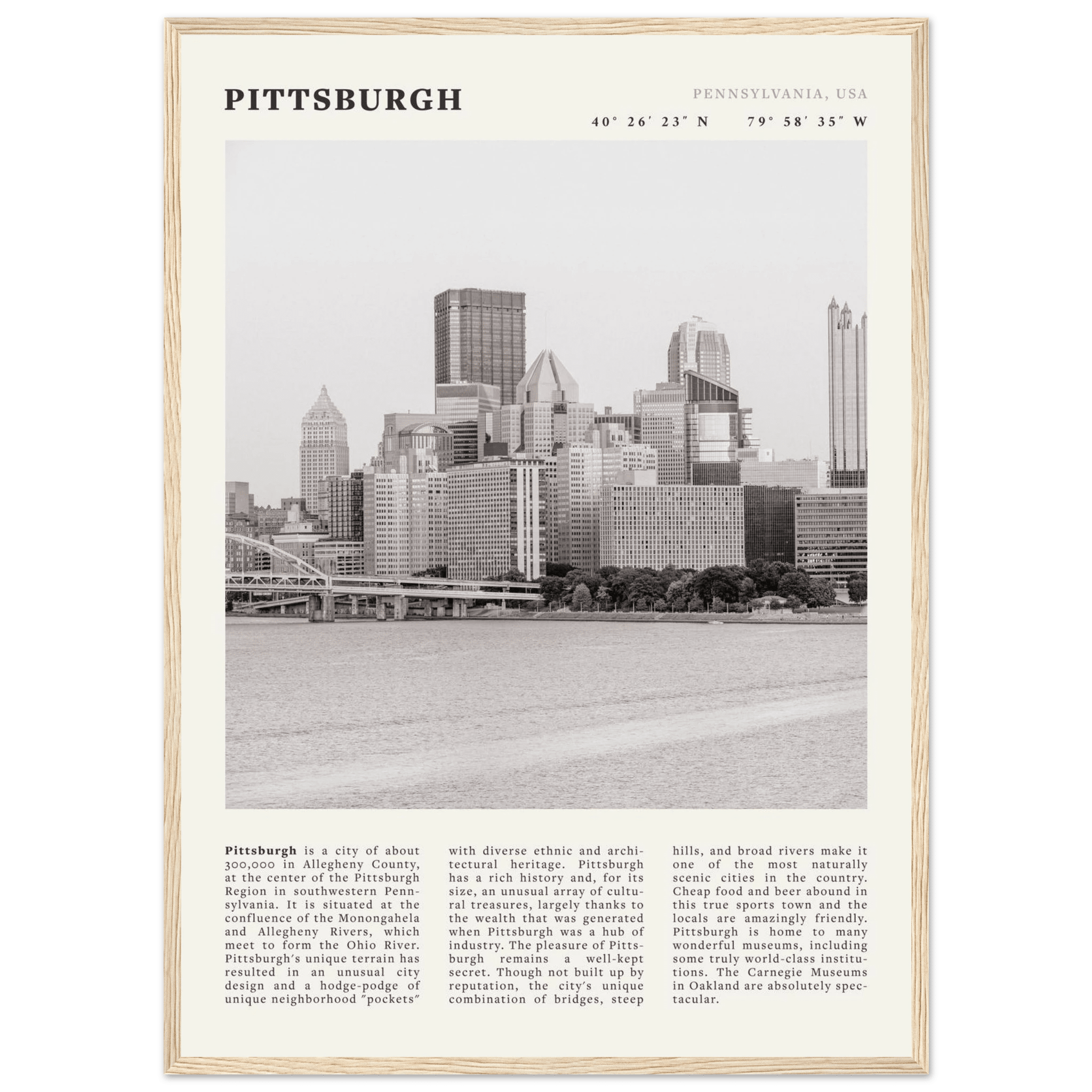 Pittsburgh Poster | Black & White Pennsylvania Skyline Wall Art | PA Travel Print - Evergreen Posters