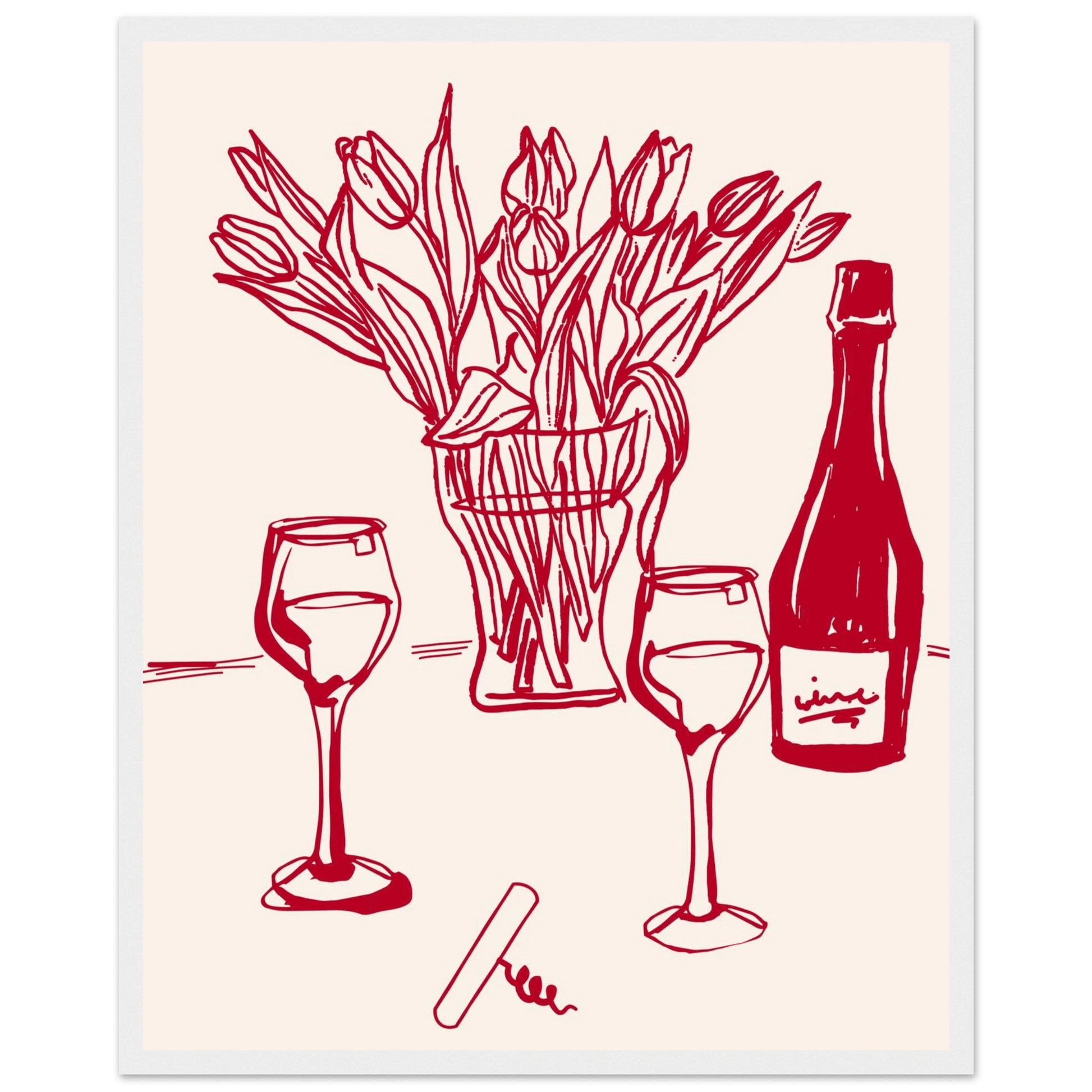 Red Wine & Tulips Print | Line Art Wine Bottle Wall Art | Kitchen Poster - Evergreen Posters