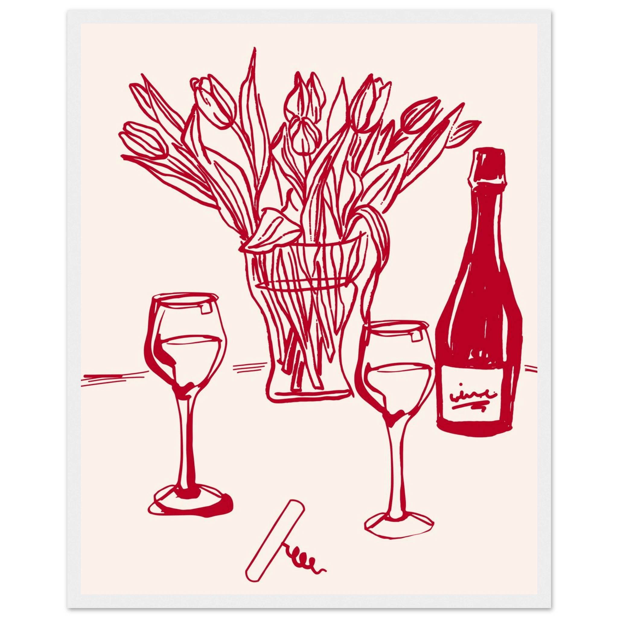 Red Wine & Tulips Print | Line Art Wine Bottle Wall Art | Kitchen Poster - Evergreen Posters