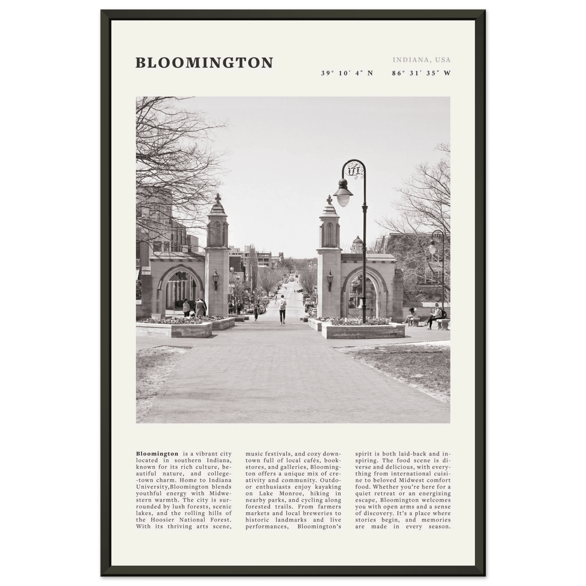 Bloomington Indiana Black and White Vintage Poster - Evergreen Posters