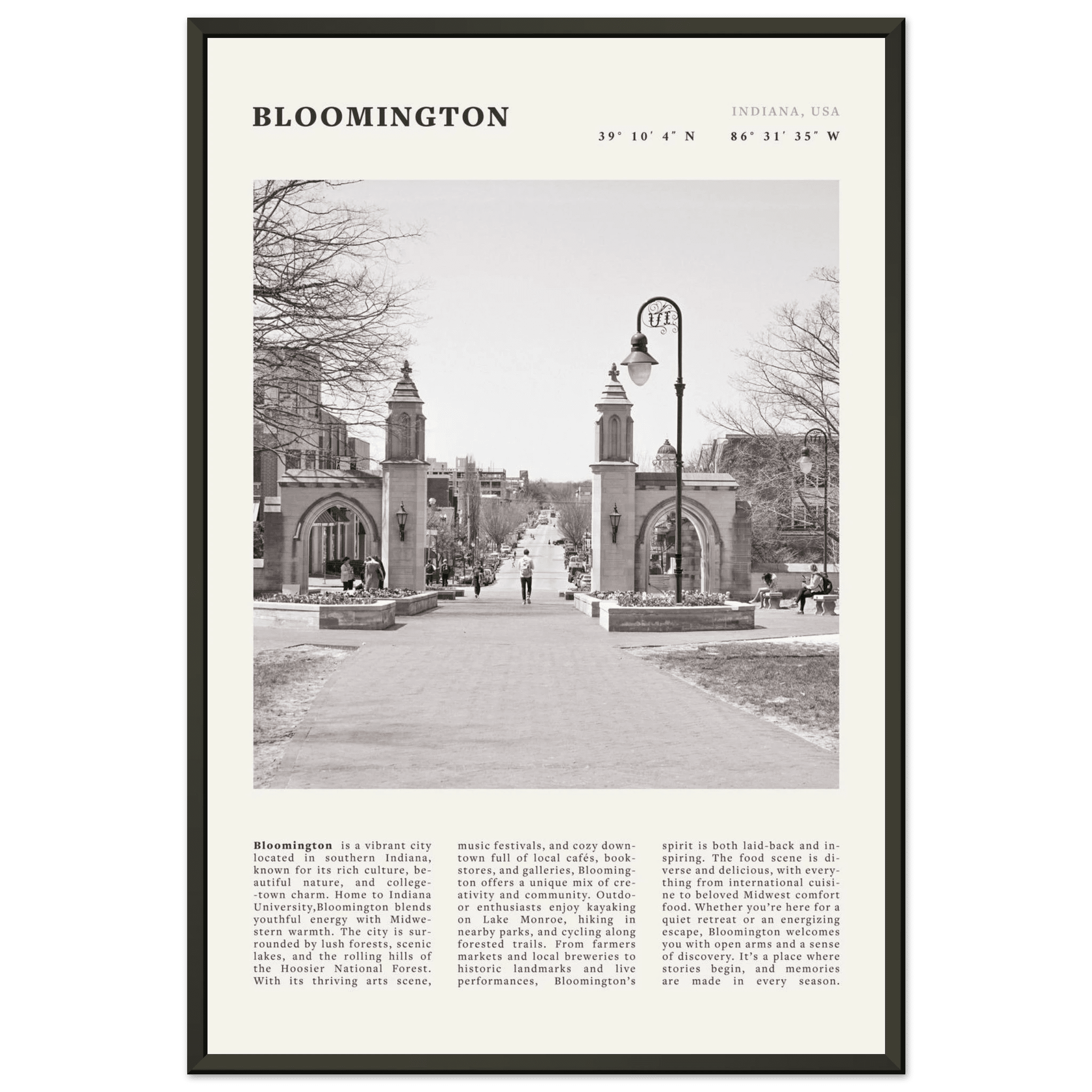 Bloomington Indiana Black and White Vintage Poster - Evergreen Posters