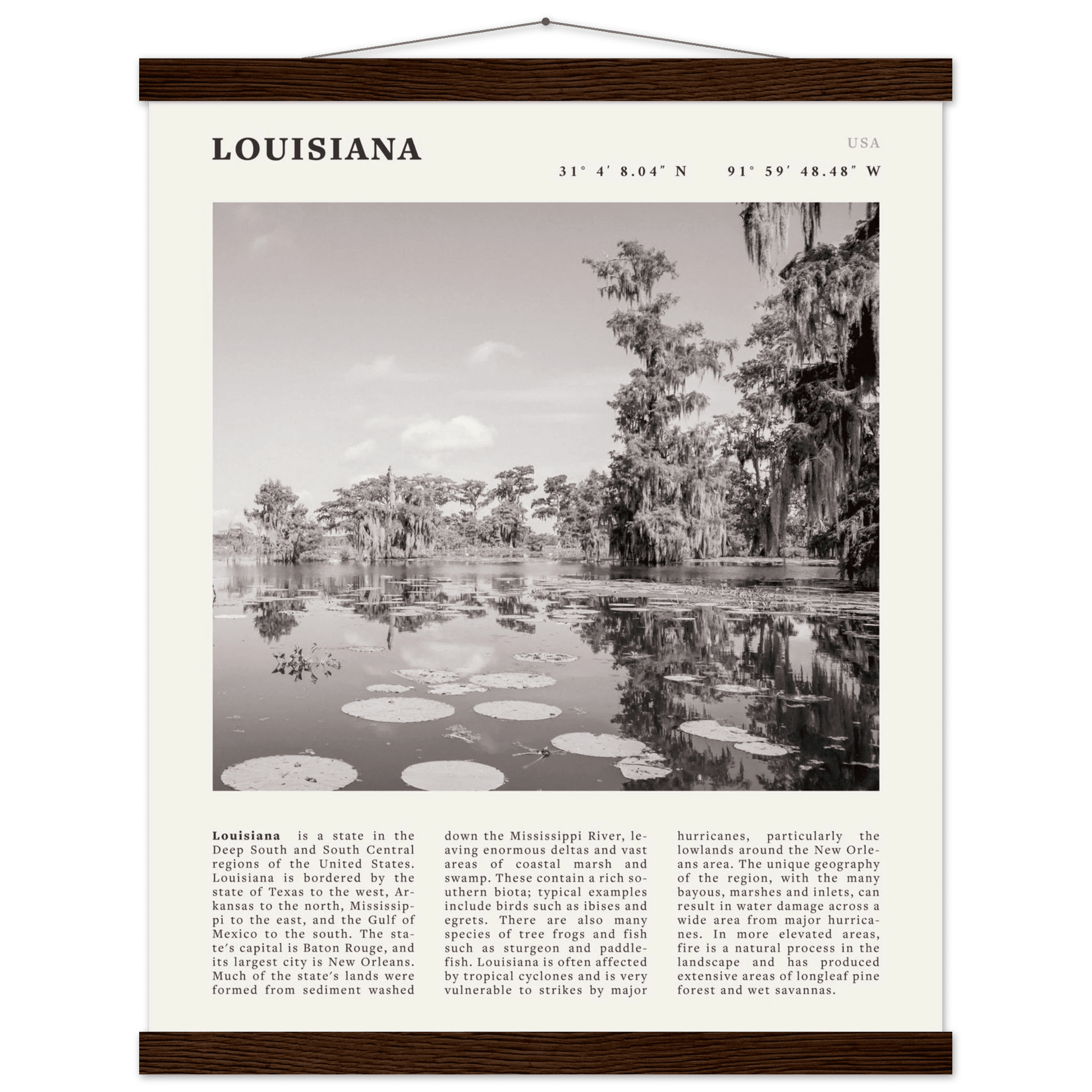 Louisiana Poster | Black & White Bayou Wall Art | Southern USA Travel Print Decor - Evergreen Posters