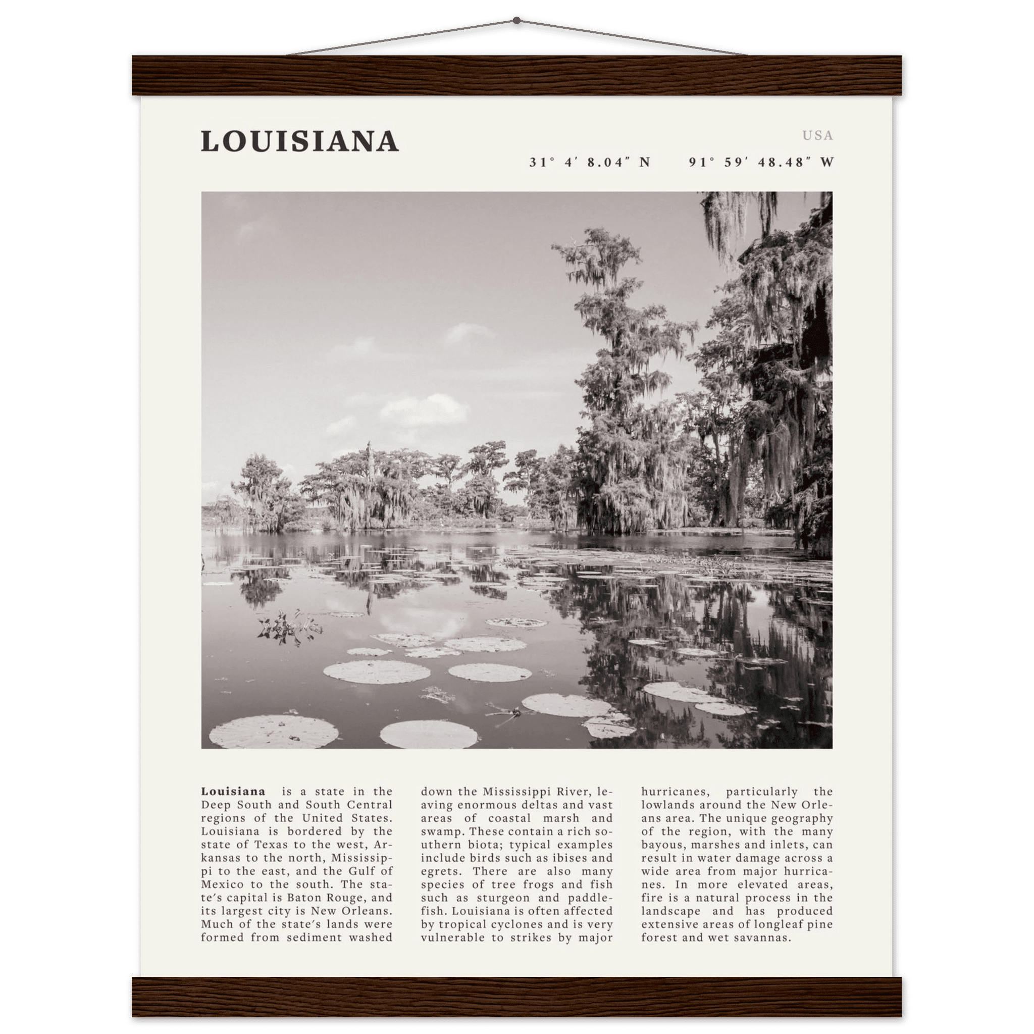 Louisiana Poster | Black & White Bayou Wall Art | Southern USA Travel Print Decor - Evergreen Posters