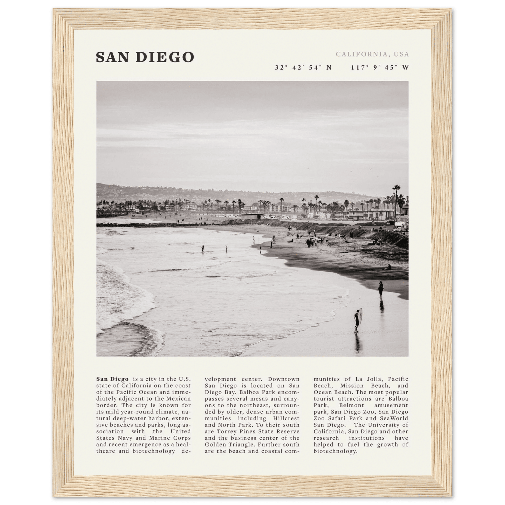 San Diego Poster | Black & White California Beach Wall Art | Coastal Travel Print Decor - Evergreen Posters