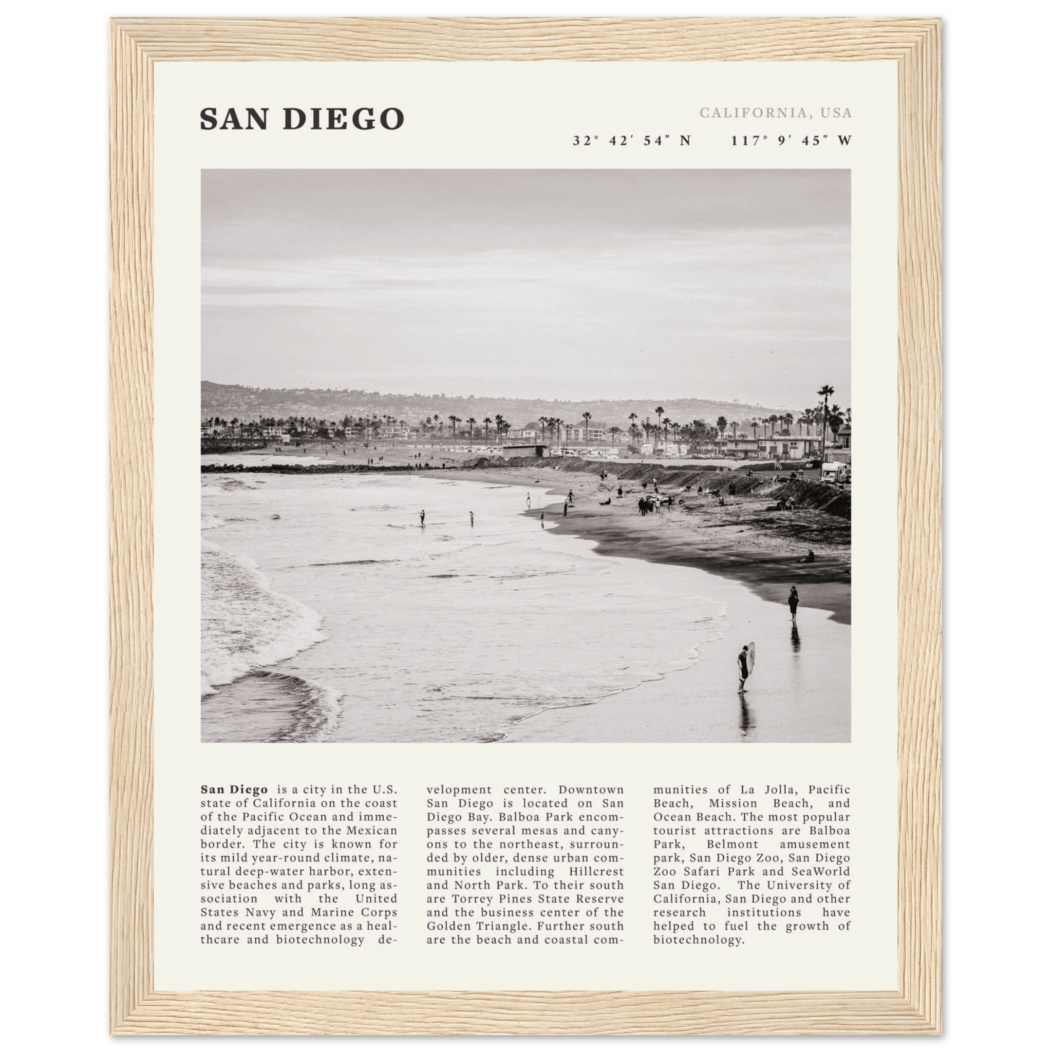 San Diego Poster | Black & White California Beach Wall Art | Coastal Travel Print Decor - Evergreen Posters