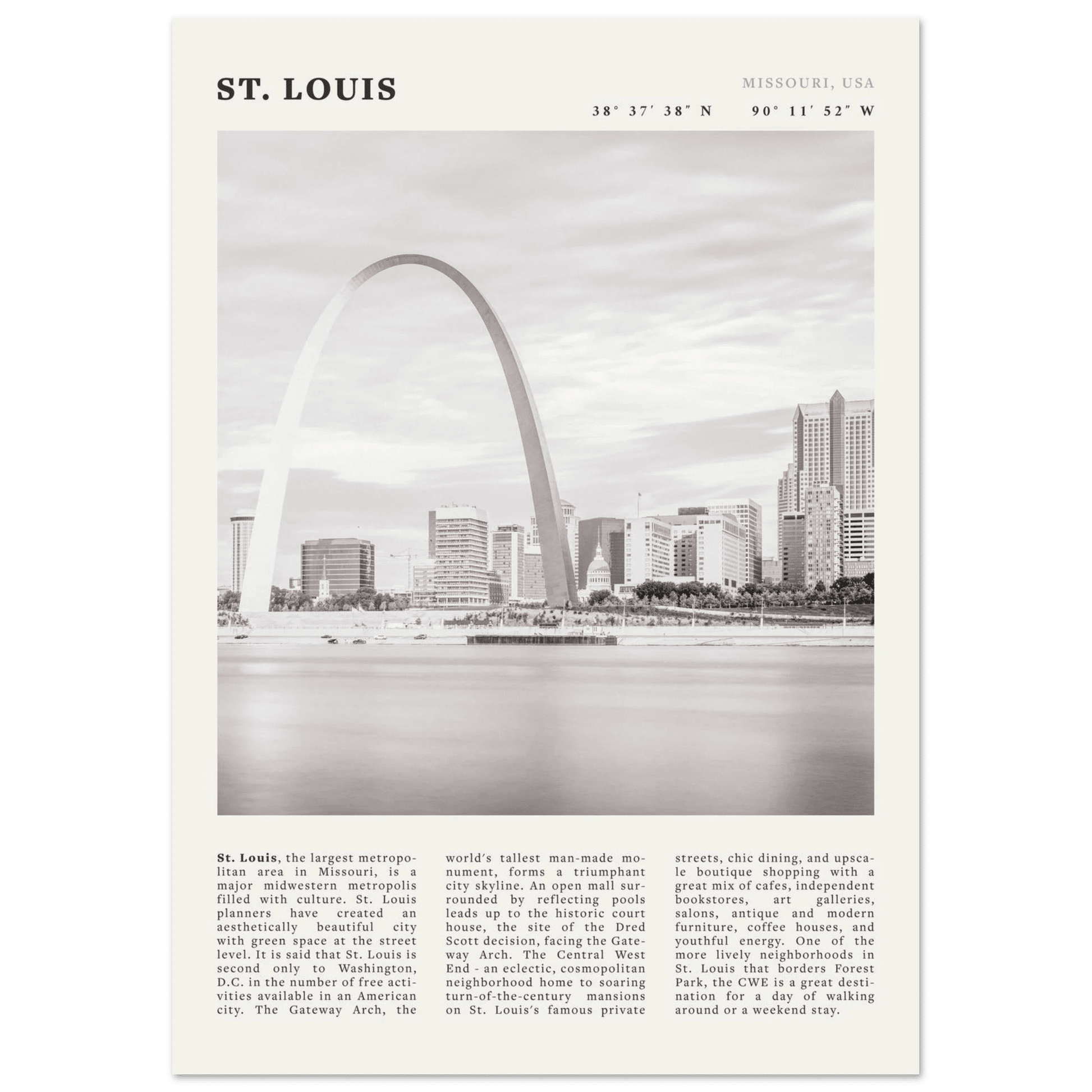 St. Louis Poster | Black & White Gateway Arch Wall Art | Missouri Travel Print - Evergreen Posters
