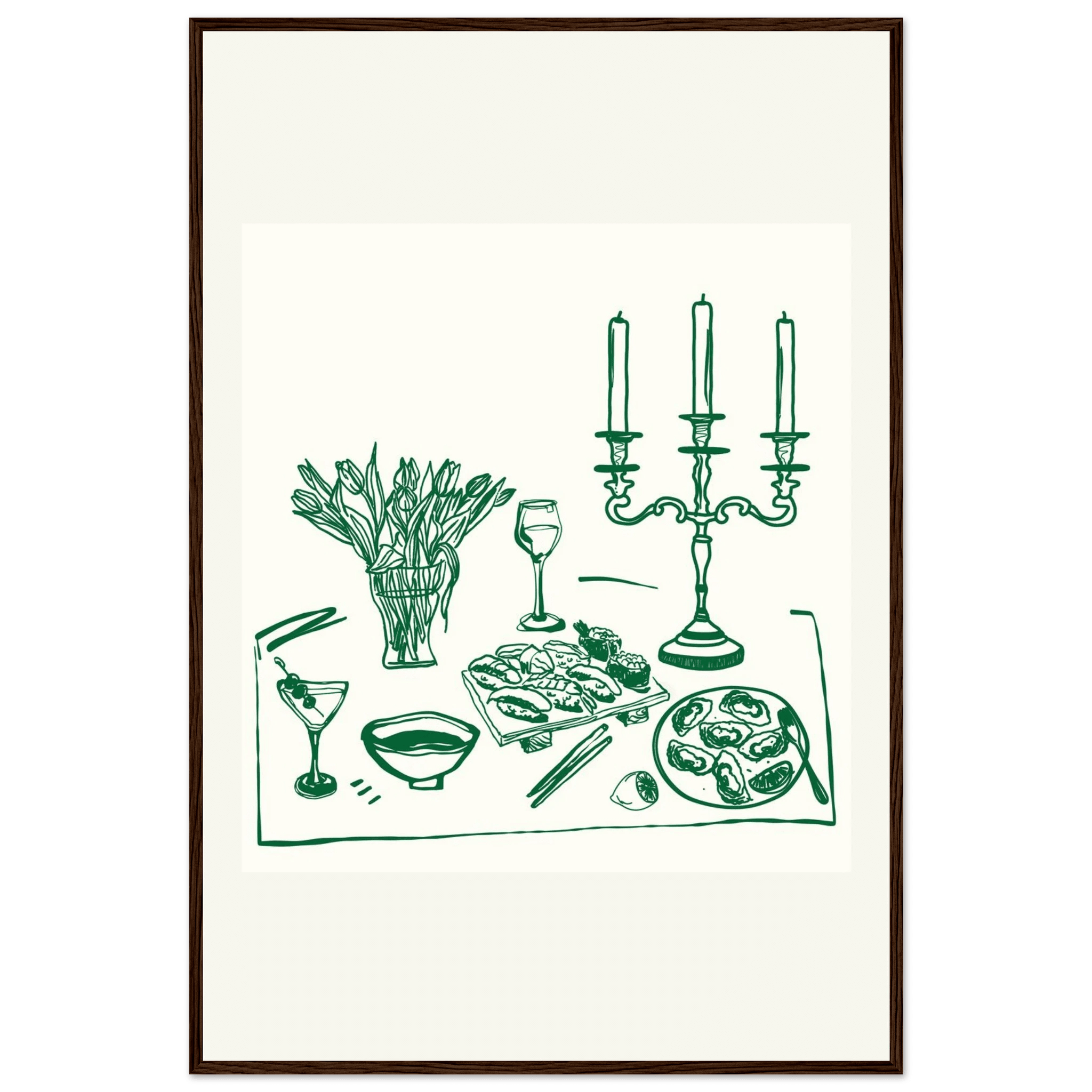 Fine Dining Table Print | Green Line Art Kitchen Wall Art | Elegant Dining Room Poster - Evergreen Posters