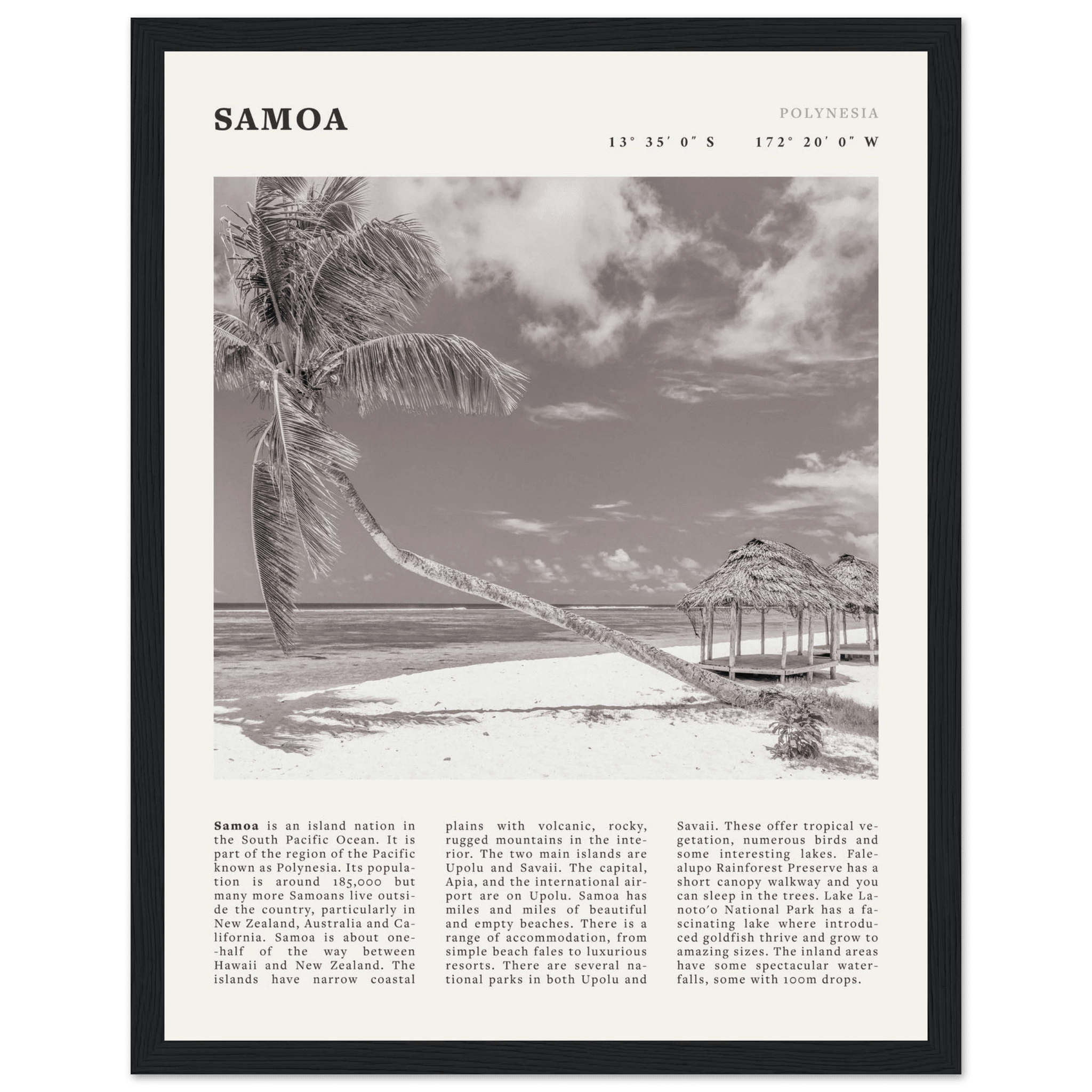 Samoa Poster | Black & White South Pacific Beach Wall Art | Polynesia Travel Print - Evergreen Posters