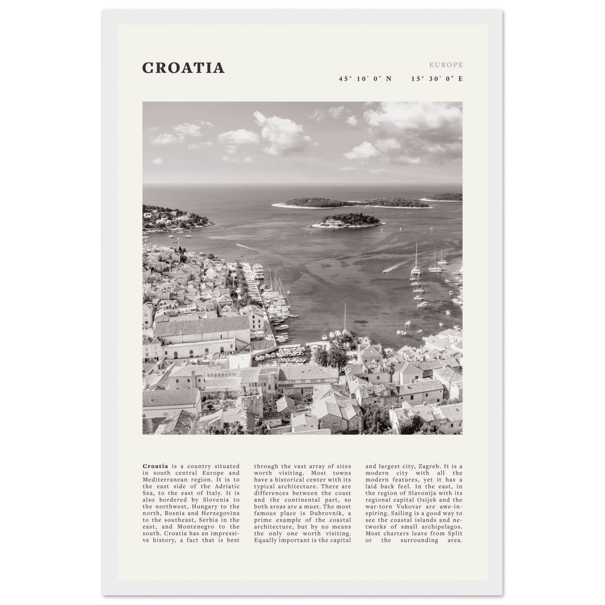 Croatia Poster | Black & White Hvar Island Wall Art | Adriatic Travel Print Decor - Evergreen Posters