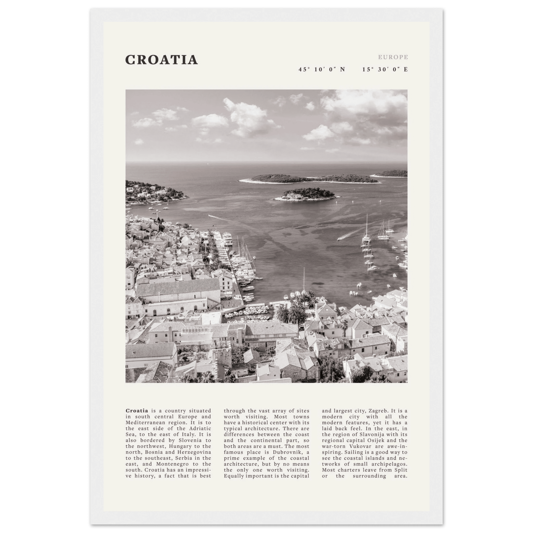 Croatia Poster | Black & White Hvar Island Wall Art | Adriatic Travel Print Decor - Evergreen Posters