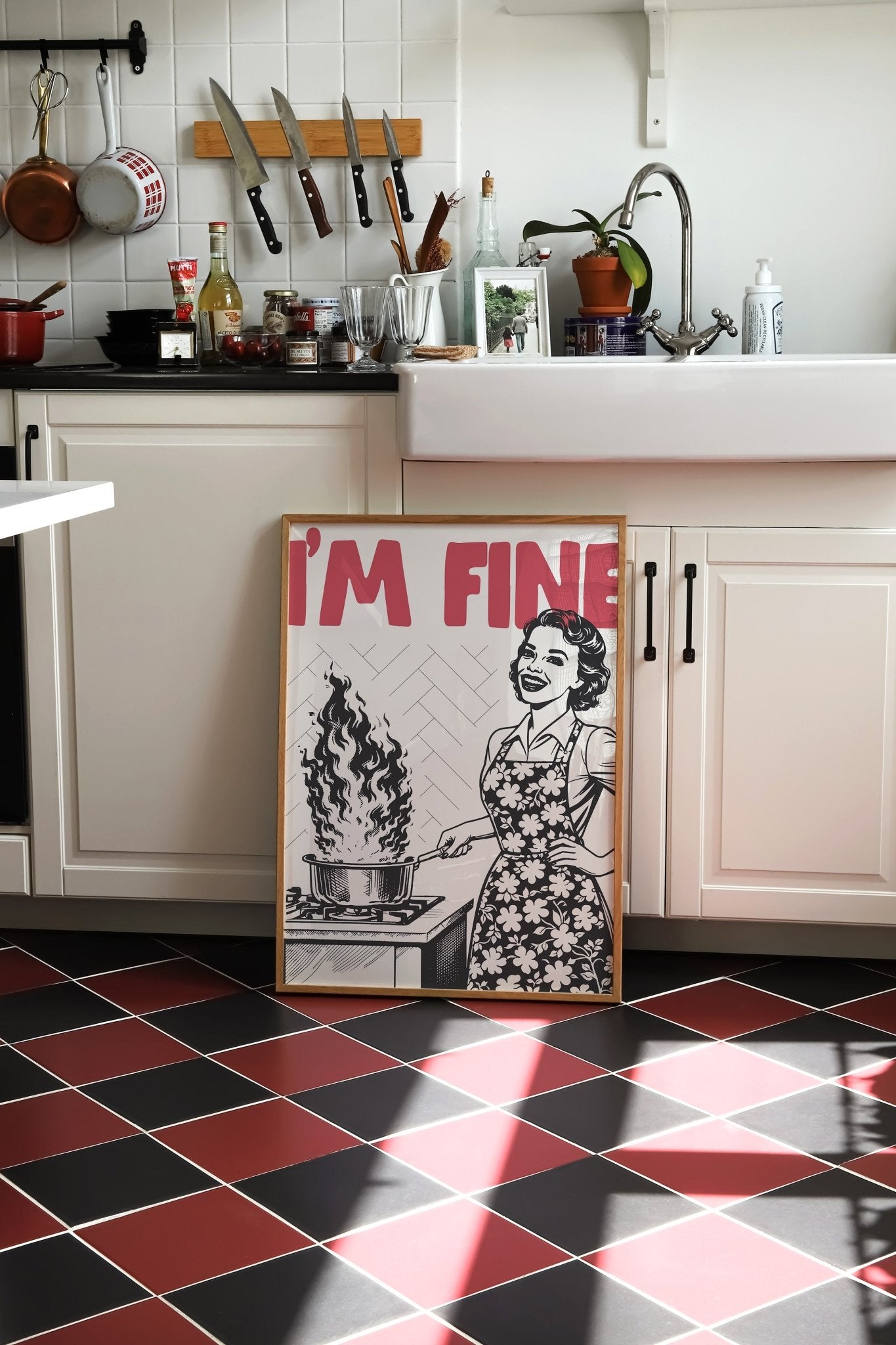 I'm Fine Poster – Funny Retro Kitchen Wall Art Print (Red Edition) - Evergreen Posters