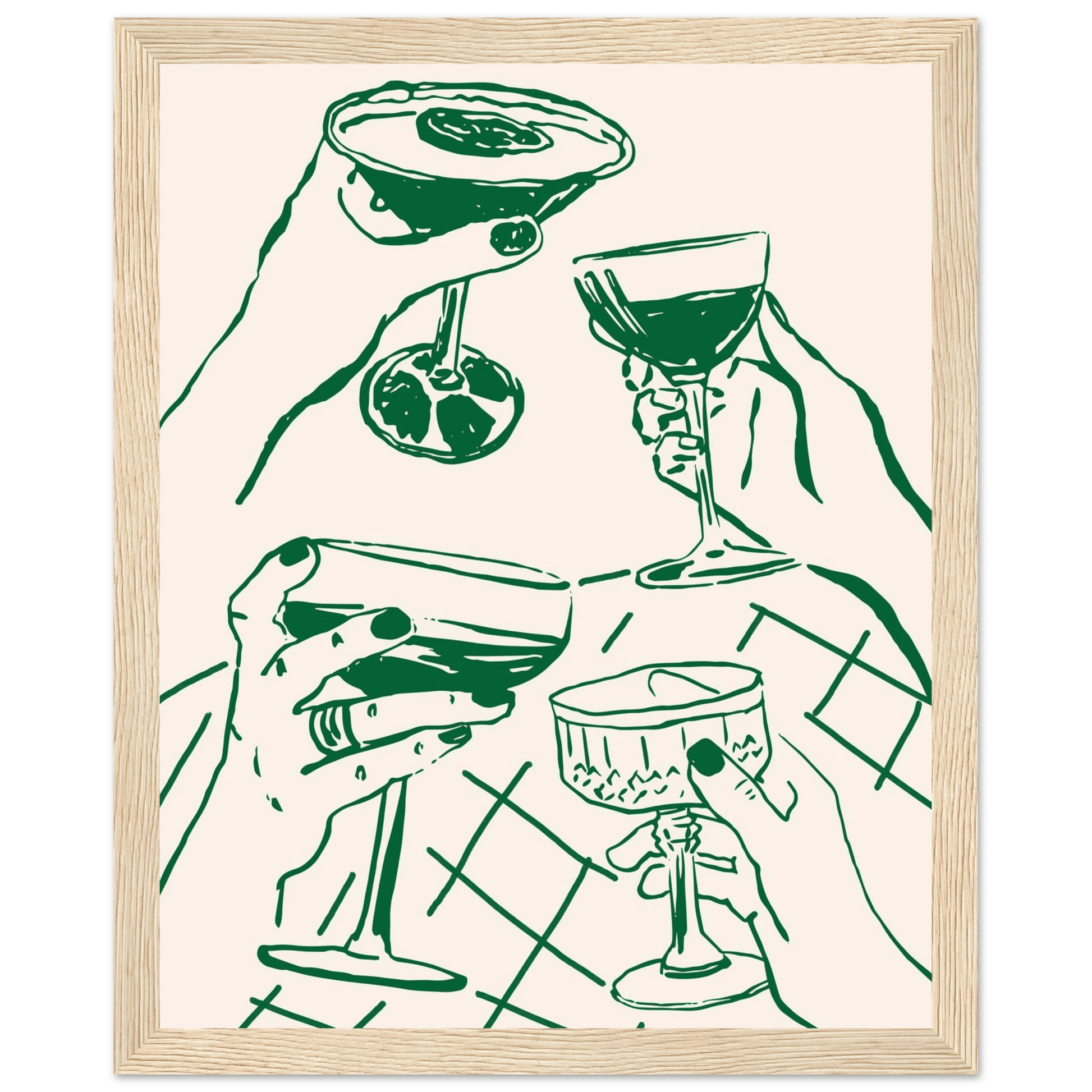 Cheers Print | Forest Green Cocktail Glasses Wall Art | Kitchen Bar Poster - Evergreen Posters