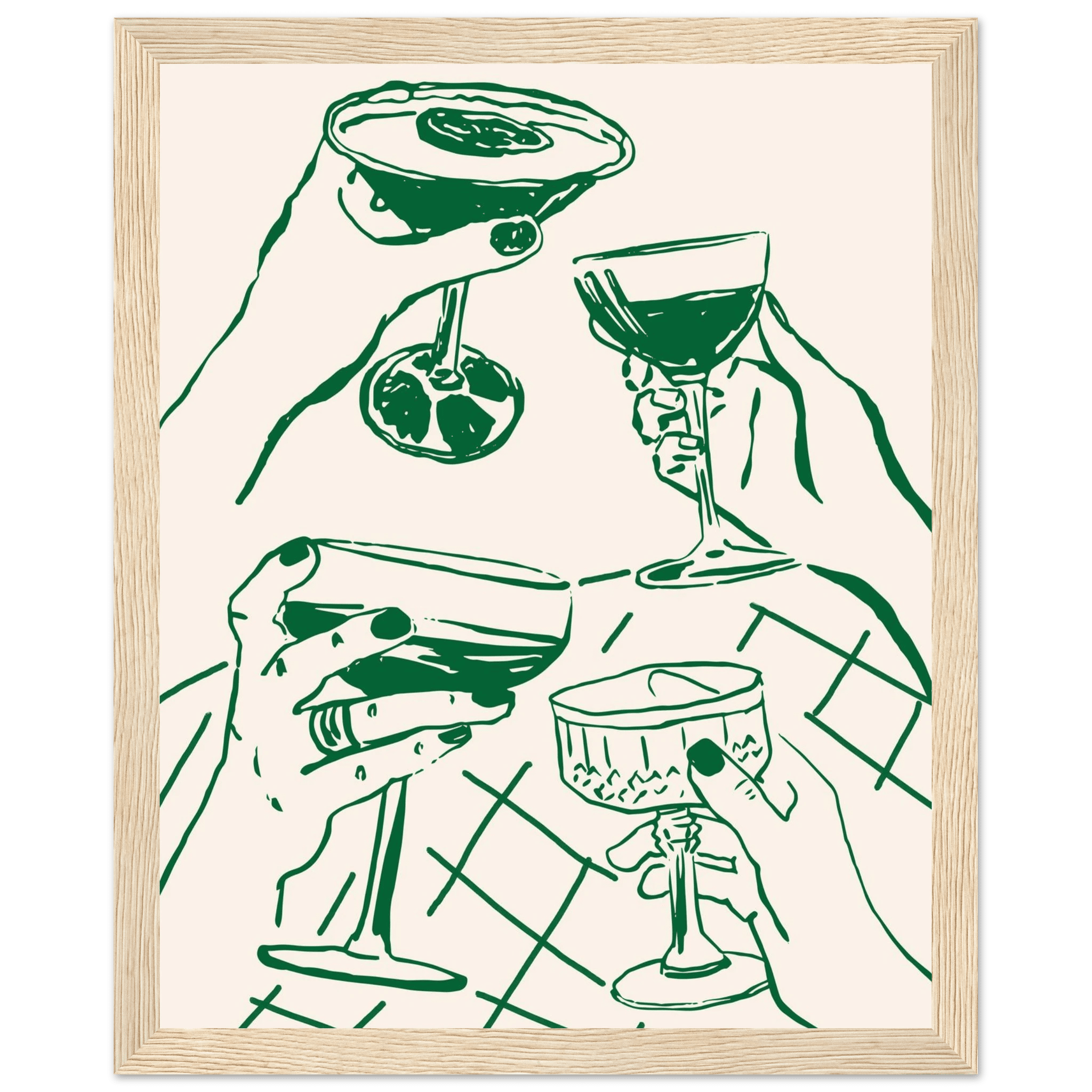 Cheers Print | Forest Green Cocktail Glasses Wall Art | Kitchen Bar Poster - Evergreen Posters