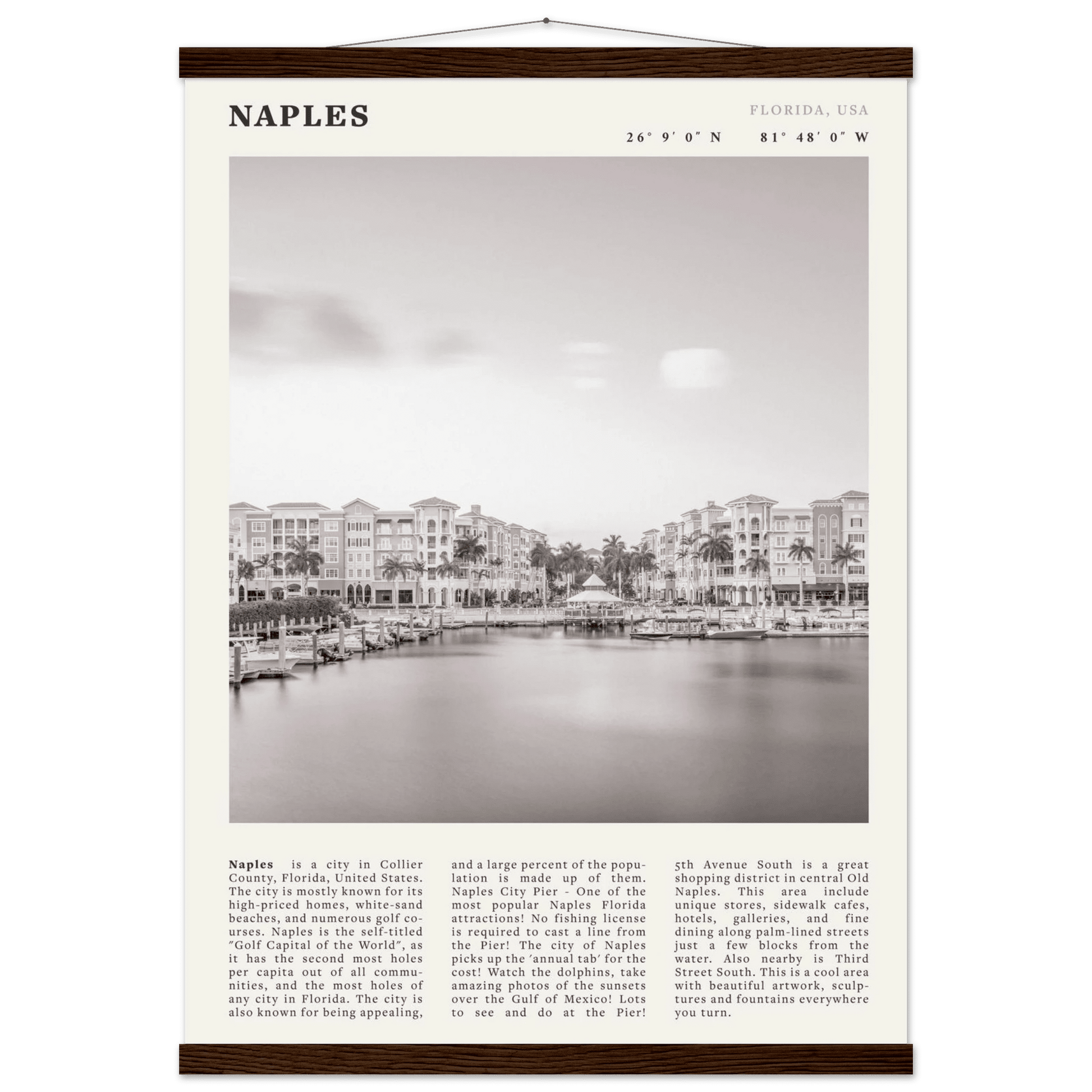 Naples Florida Poster | Black & White Gulf Coast Wall Art | FL Travel Print - Evergreen Posters