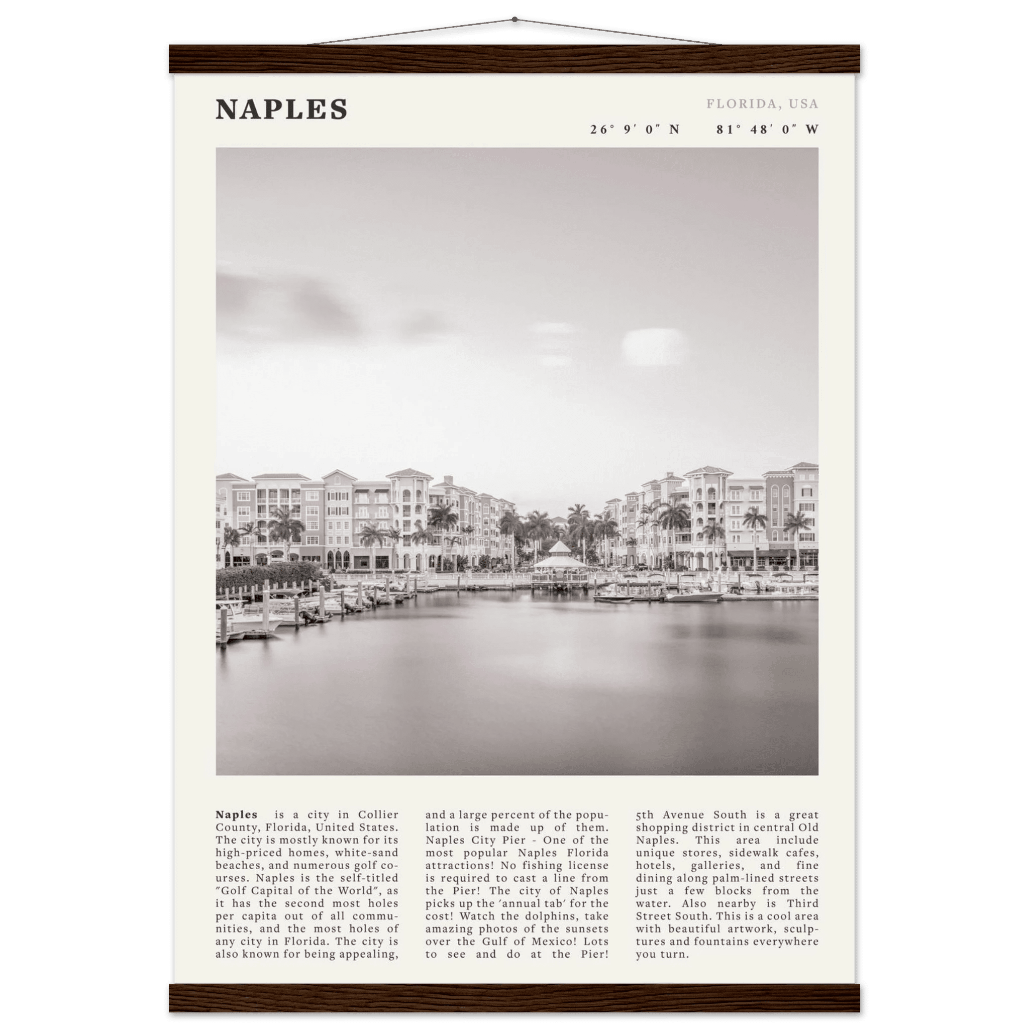 Naples Florida Poster | Black & White Gulf Coast Wall Art | FL Travel Print - Evergreen Posters