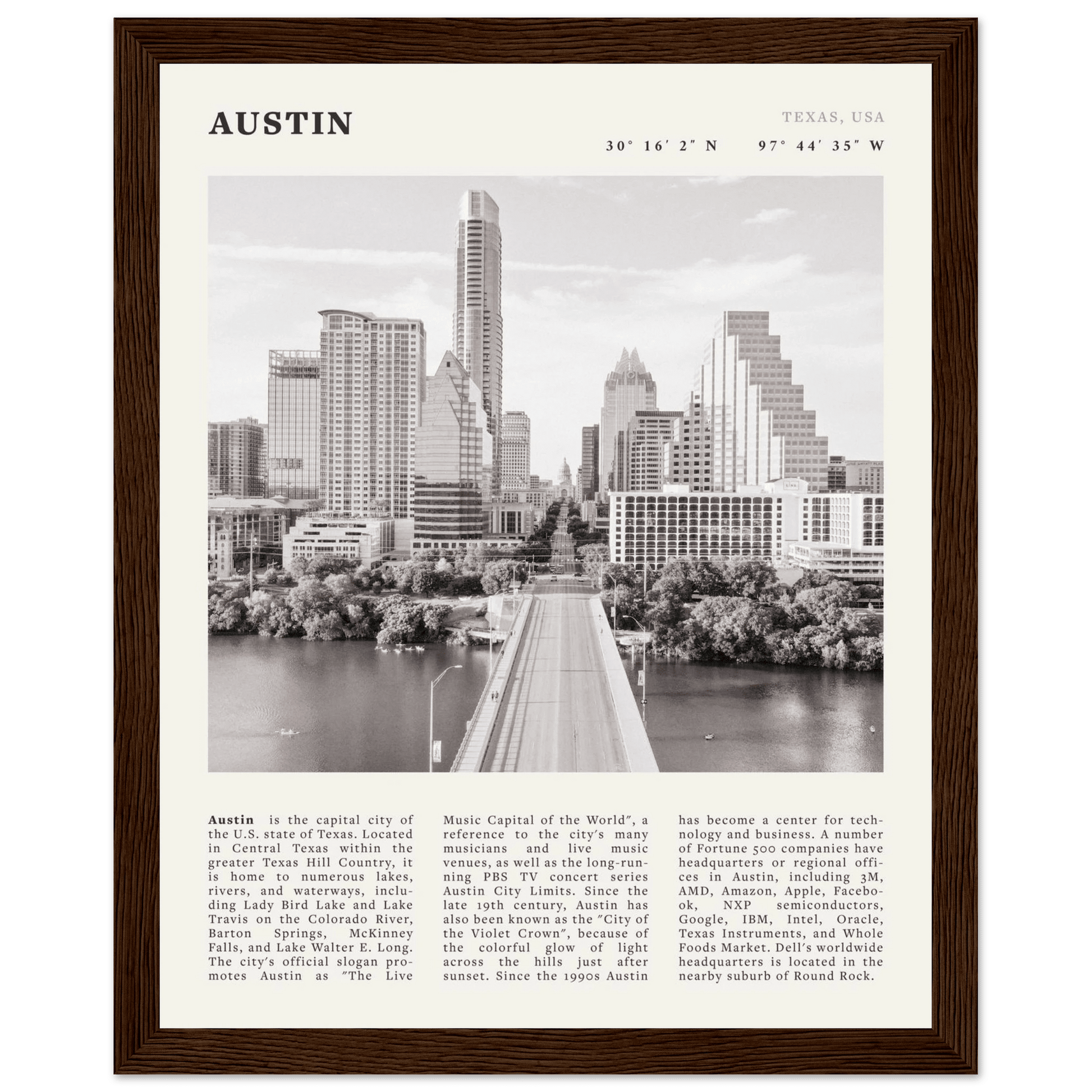 Austin Poster | Black & White Texas Skyline Wall Art | City Travel Print Decor - Evergreen Posters