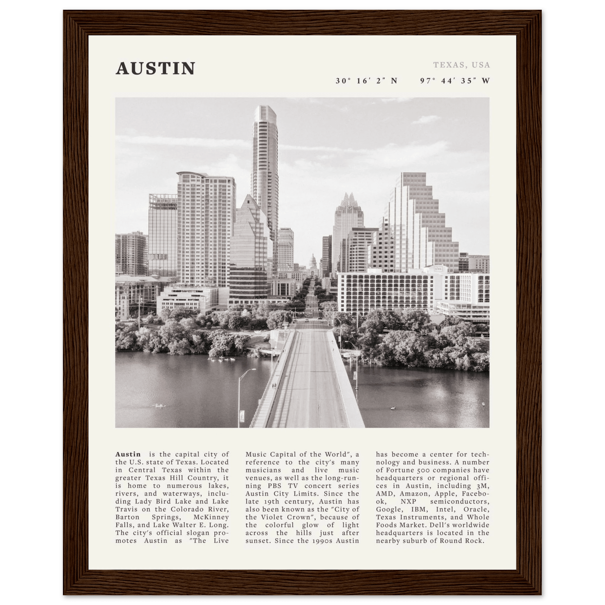 Austin Poster | Black & White Texas Skyline Wall Art | City Travel Print Decor - Evergreen Posters