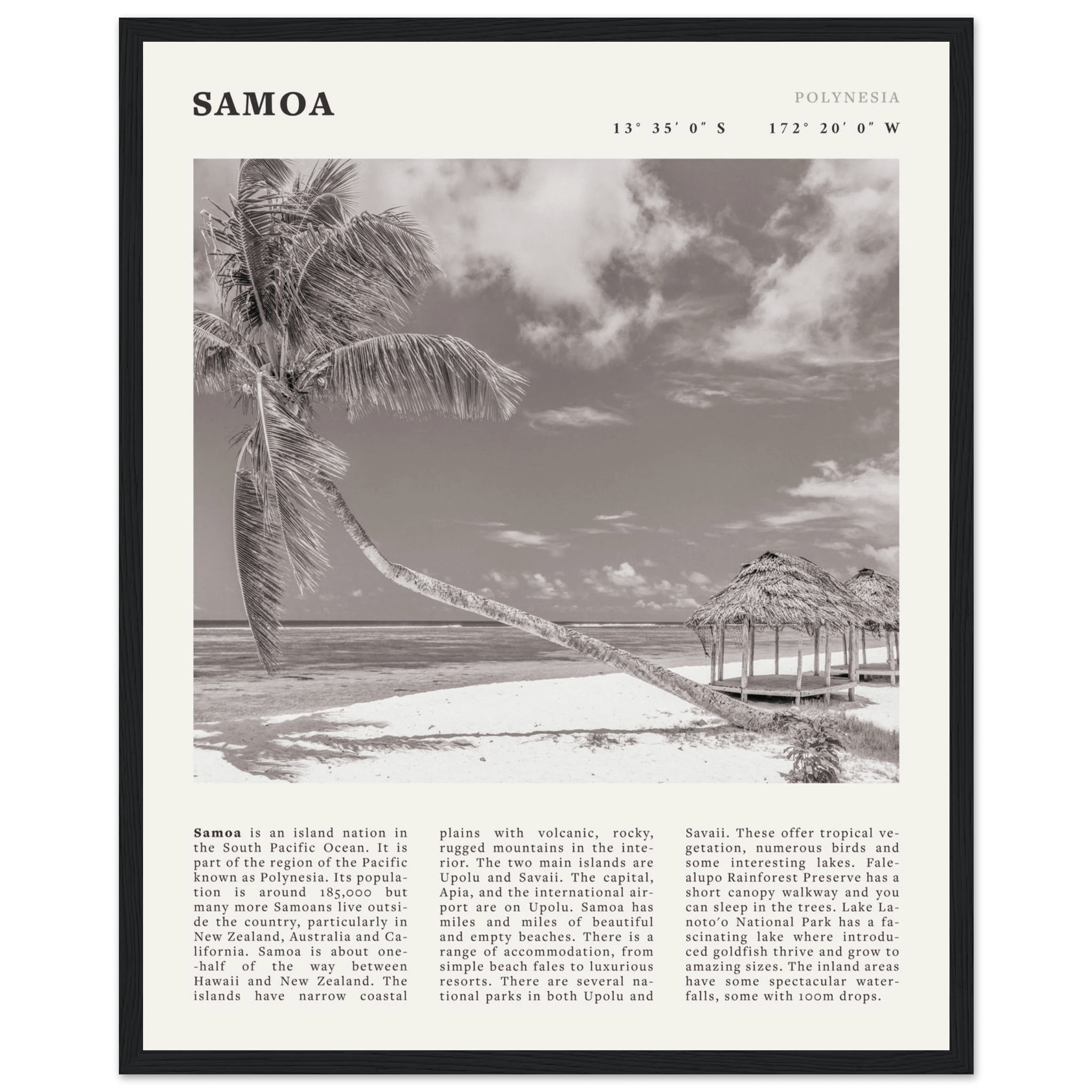 Samoa Poster | Black & White South Pacific Beach Wall Art | Polynesia Travel Print - Evergreen Posters