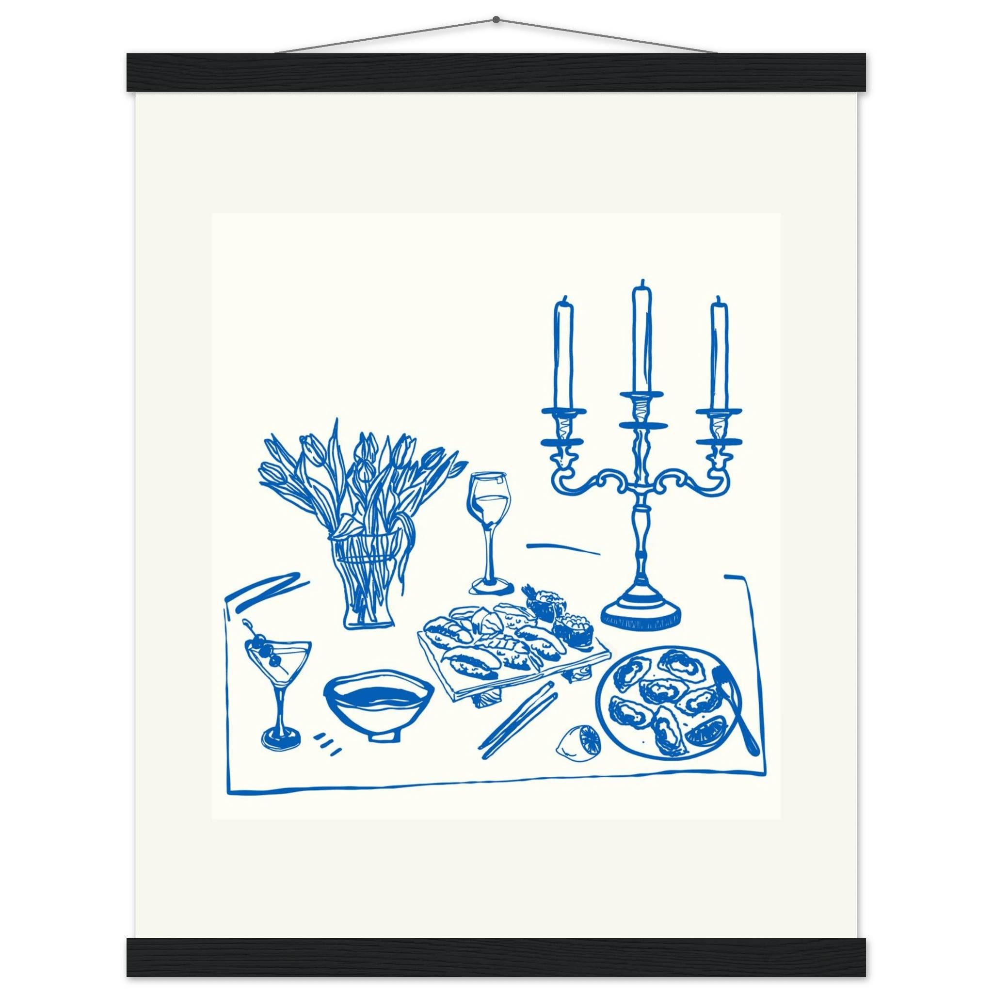 Fine Dining Table Print | Blue Line Art Kitchen Wall Art | Elegant Dining Room Poster - Evergreen Posters