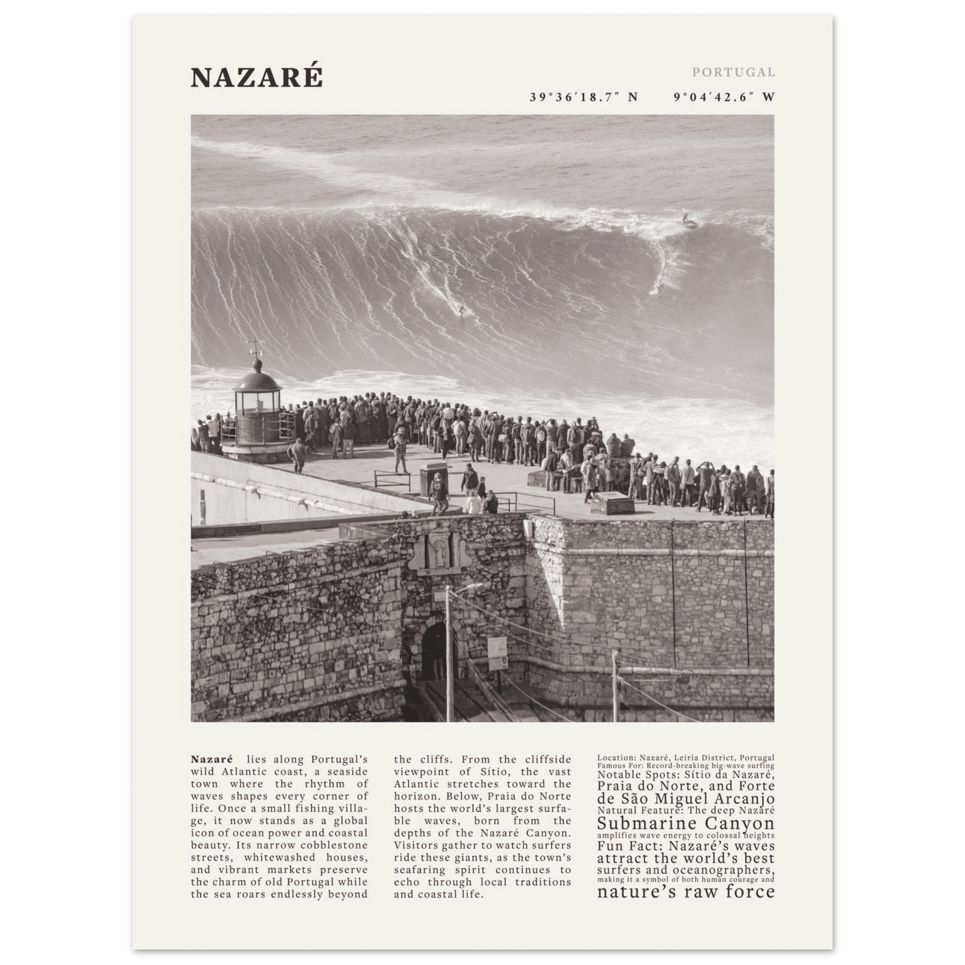 Nazaré Portugal Poster Black and White – Vintage Big Waves Surf Print (Digital & Printed Options) - Evergreen Posters