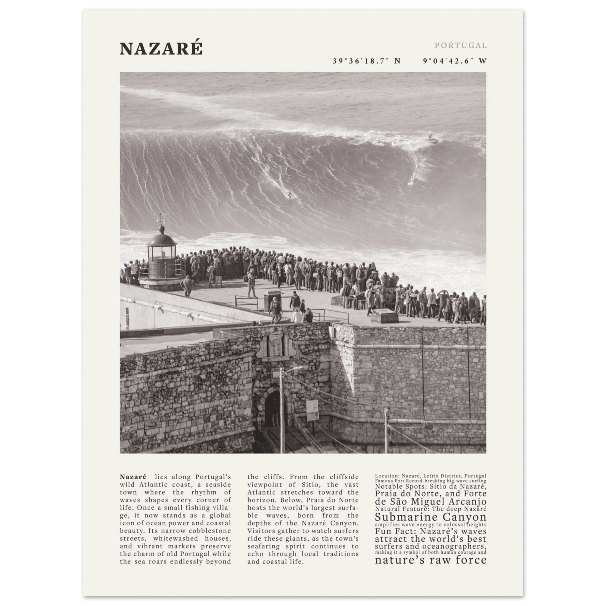 Nazaré Portugal Poster Black and White – Vintage Big Waves Surf Print (Digital & Printed Options) - Evergreen Posters