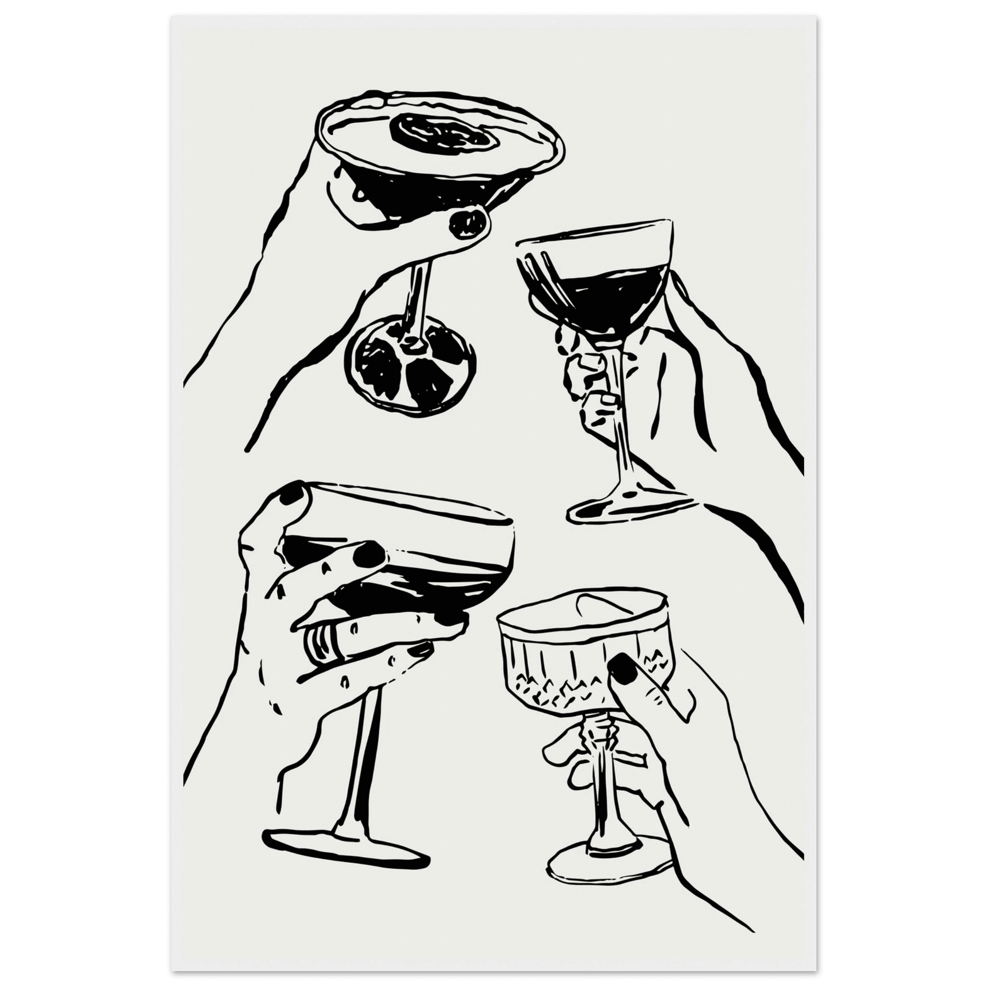 Cheers Print | Black Line Art Cocktail Glasses Wall Art | Kitchen Bar Poster - Evergreen Posters