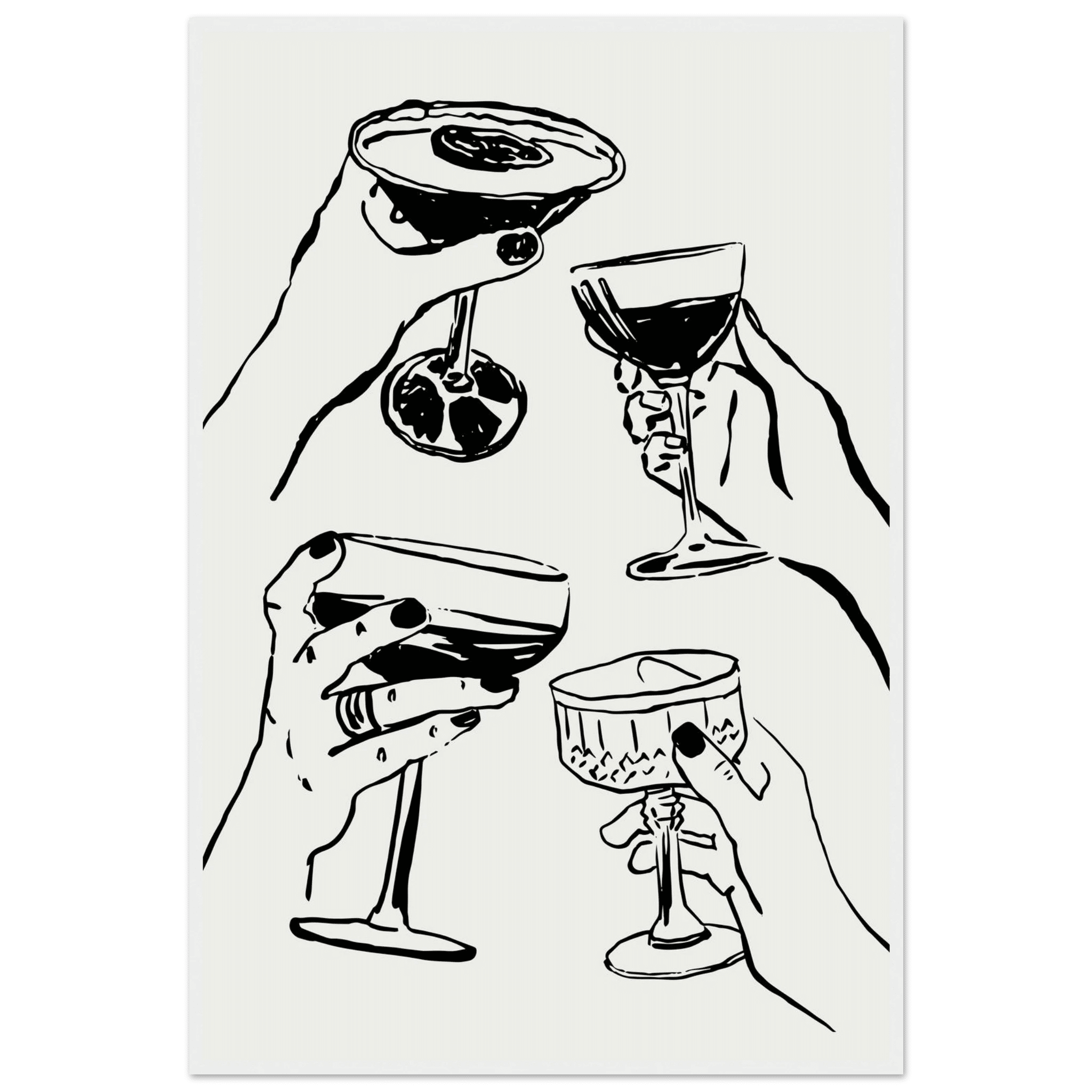 Cheers Print | Black Line Art Cocktail Glasses Wall Art | Kitchen Bar Poster - Evergreen Posters